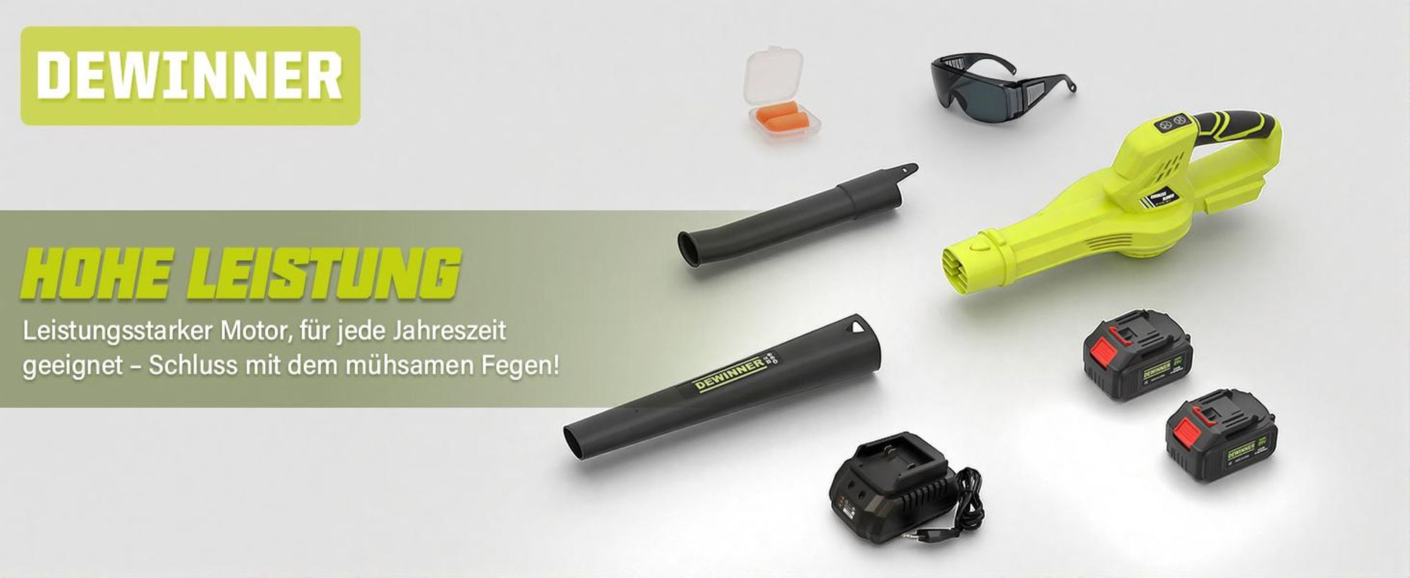DEWINNER Kabelloser Laubbläser, 2 x 4.0Ah Akkus, 210 km/h, 6 verstellbare Geschwindigkeiten, 2 abnehmbare Rohre, Komplettset, Profi & Garten, Grün