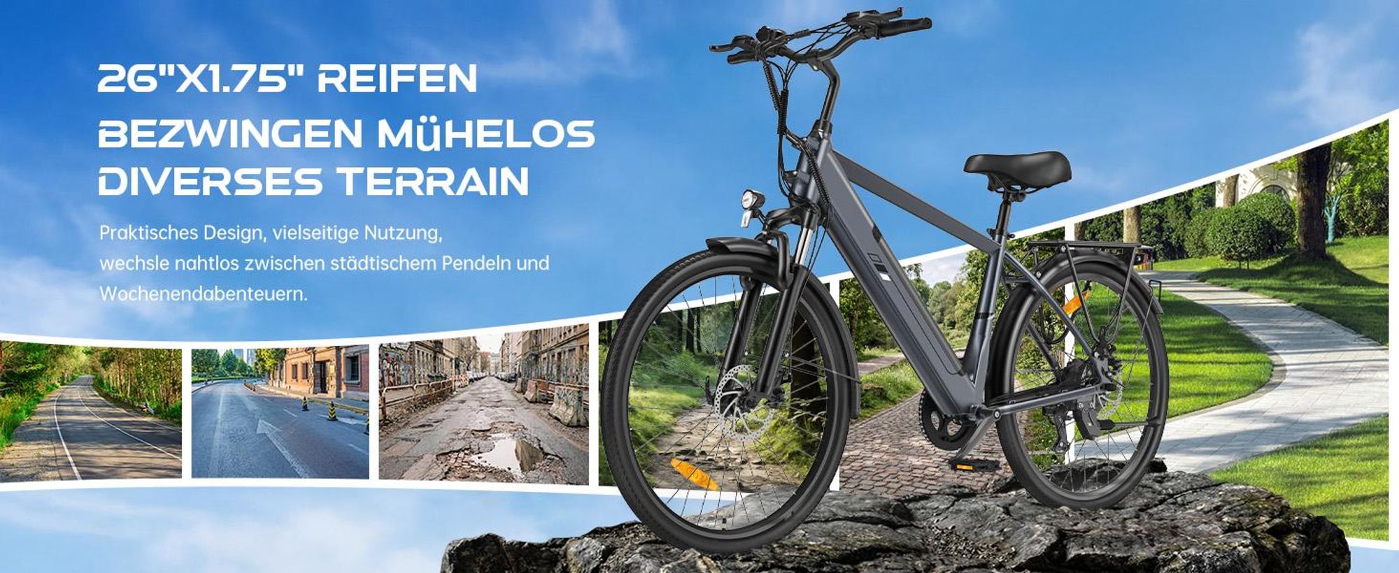 Touroll J2 E-Bike 26 Zoll, 250W Motor, 100 km Reichweite, Shimano 7-Gang, LED Display, Scheibenbremsen, City Elektrofahrrad