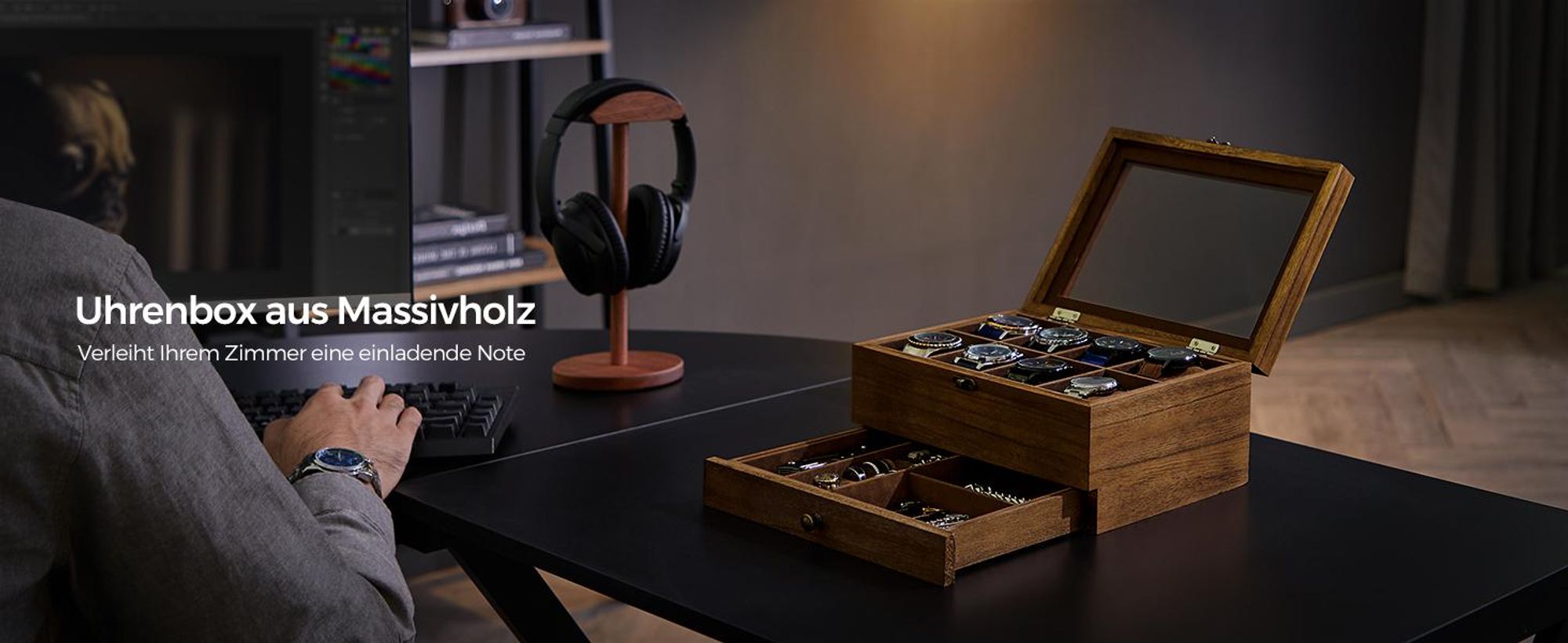 SONGMICS Uhrenbox Uhrenkasten, mit 8 Fächern, aus Massivholz, Glasdeckel