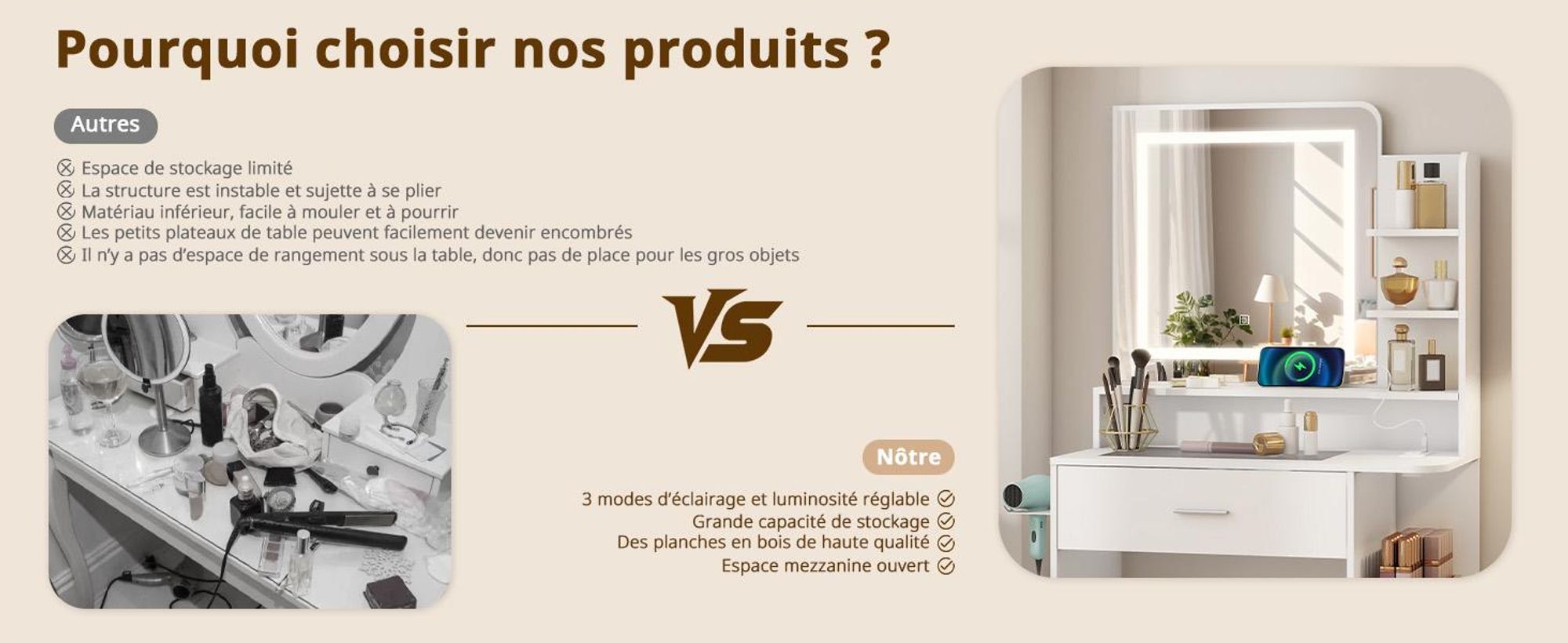 Table de maquillage Puluomis avec éclairage LED réglable, table de coiffure avec tiroir, support pour sèche-cheveux, ports USB et prises, plateau en verre, tabouret avec rangement, couleur blanche