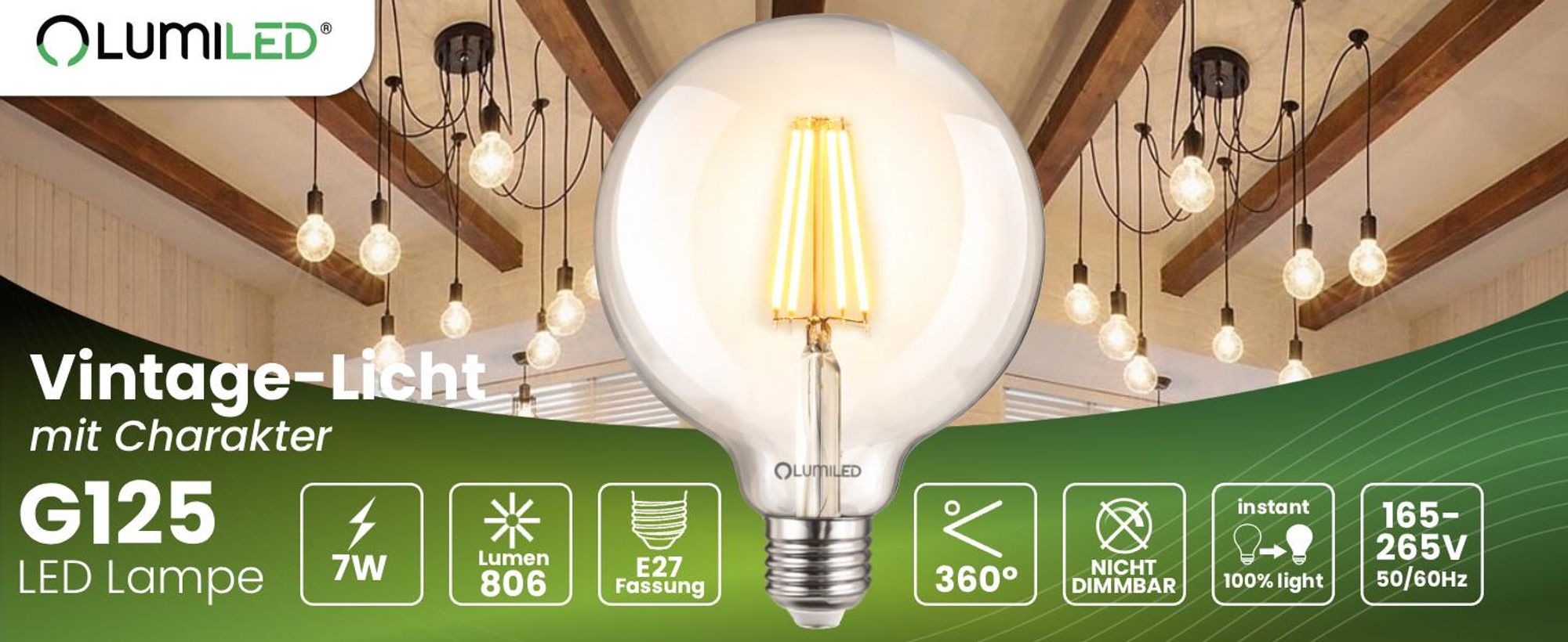 LUMILED G125 E27 LED Vintage Lampe 7W (Entspricht 60W) 806 Lm transparentes Glas Leuchtmittel kugelförmig 3000K Warmweiß Licht Kugel Retro Birne 360° Glühbirnen Filament