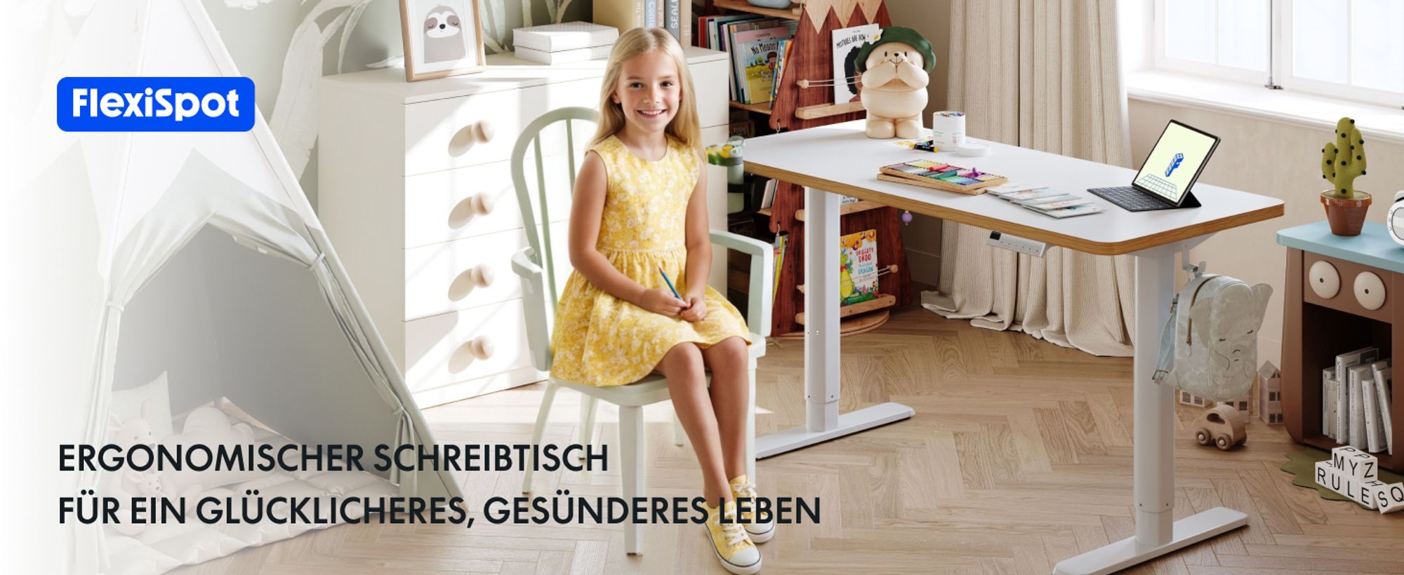 FLEXISPOT Kinderschreibtisch, elektrisch höhenverstellbar Schreibtisch, für Kinder ab 6 Jahren, mit LED-Anzeige, 3 Speicherplätzen, Kindersicherung