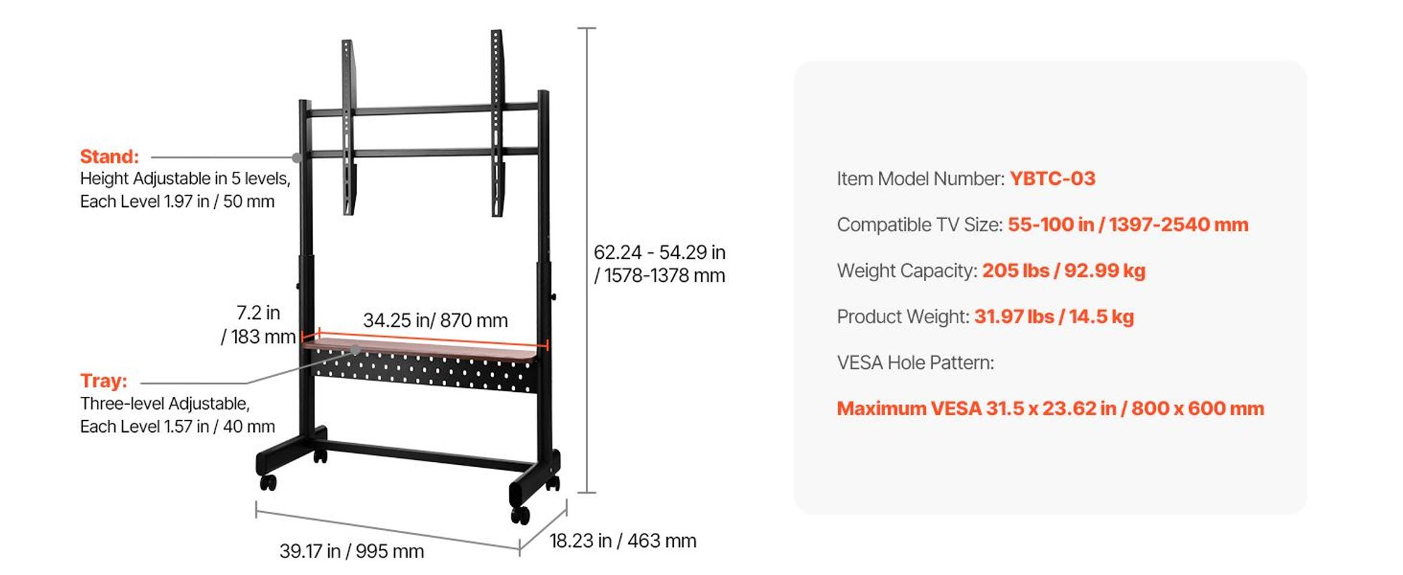 VEVOR Rollender TV-Ständer, Mobiler TV-Wagen für 35-100 Zoll LED/LCD/OLED Flach-/Curved-TVs, Tragbarer Monitorständer mit Rädern für bis zu 198 lbs für Wohnzimmer, Schlafzimmer, Büro, Außenbereich, Max VESA 800x600mm, 1-Layer Tray-b, 2 Halter-a