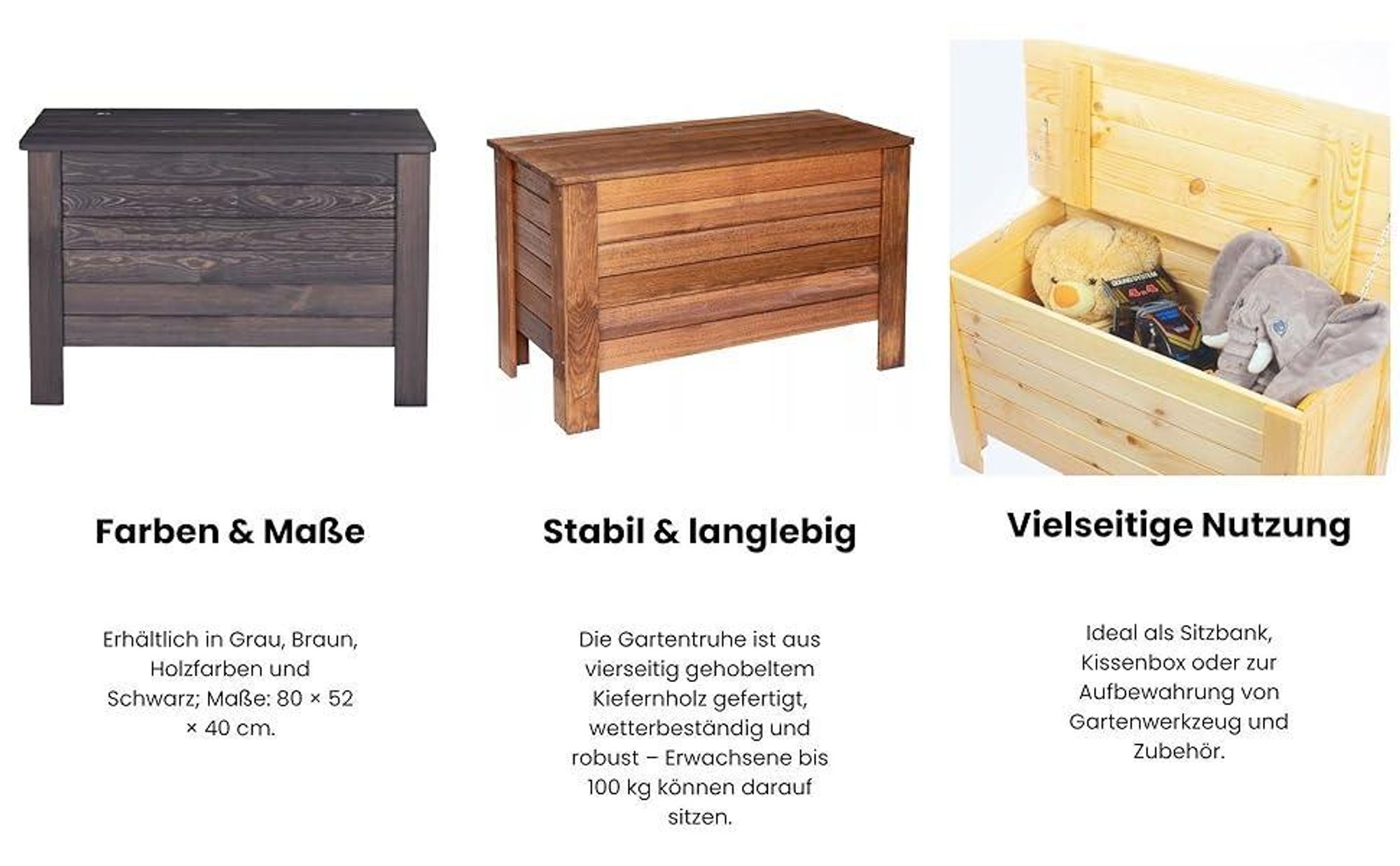 STOLMAK Gartenbox aus Holz 166 l 80x52x40 cm Schwarz Massivholz Kiefer Auflagenbox Kissenbox Holztruhe Aufbewahrungsbox Gartenmöbel