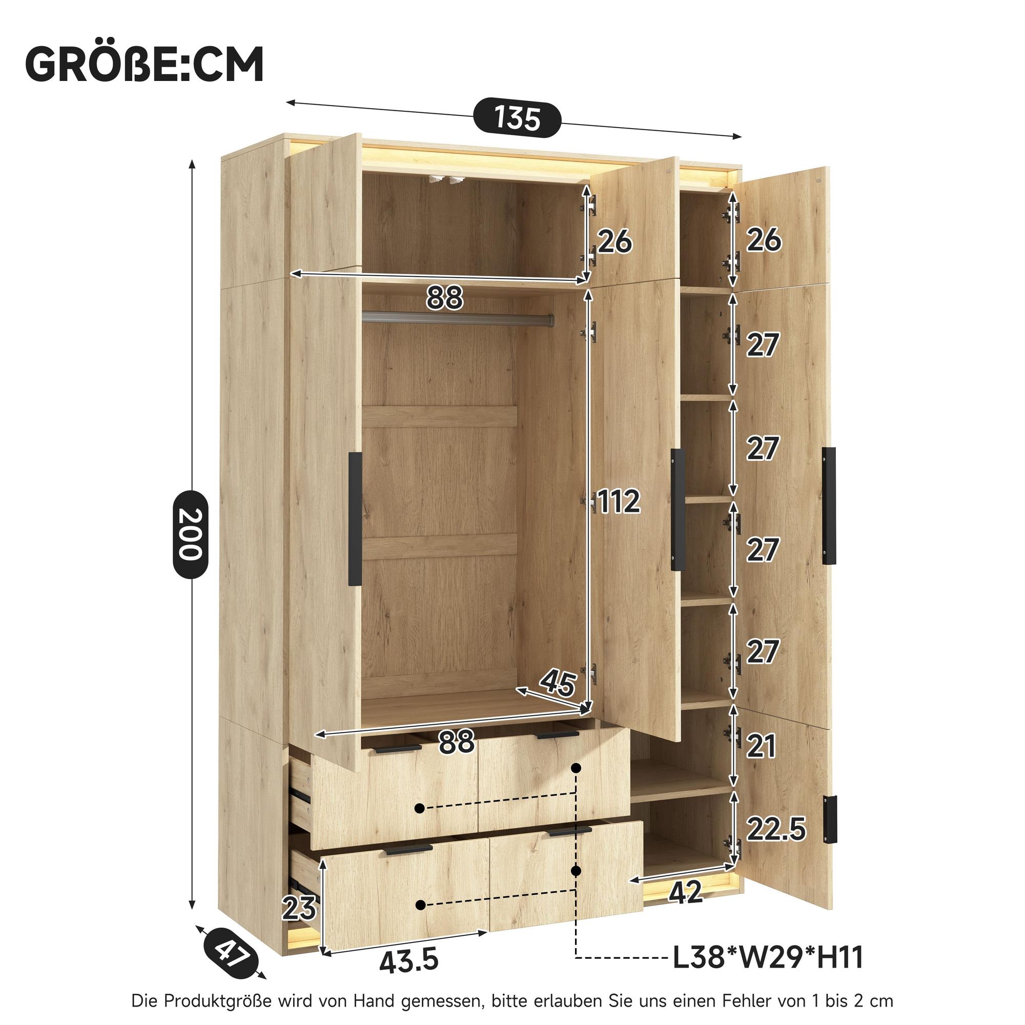 Flieks Kleiderschrank mit Kleiderstange, Garderobe mit LED-Beleuchtung und Schubladen, Hochschrank mit Spiegel und Staufächern,135x47x200cm,Natur,Holz