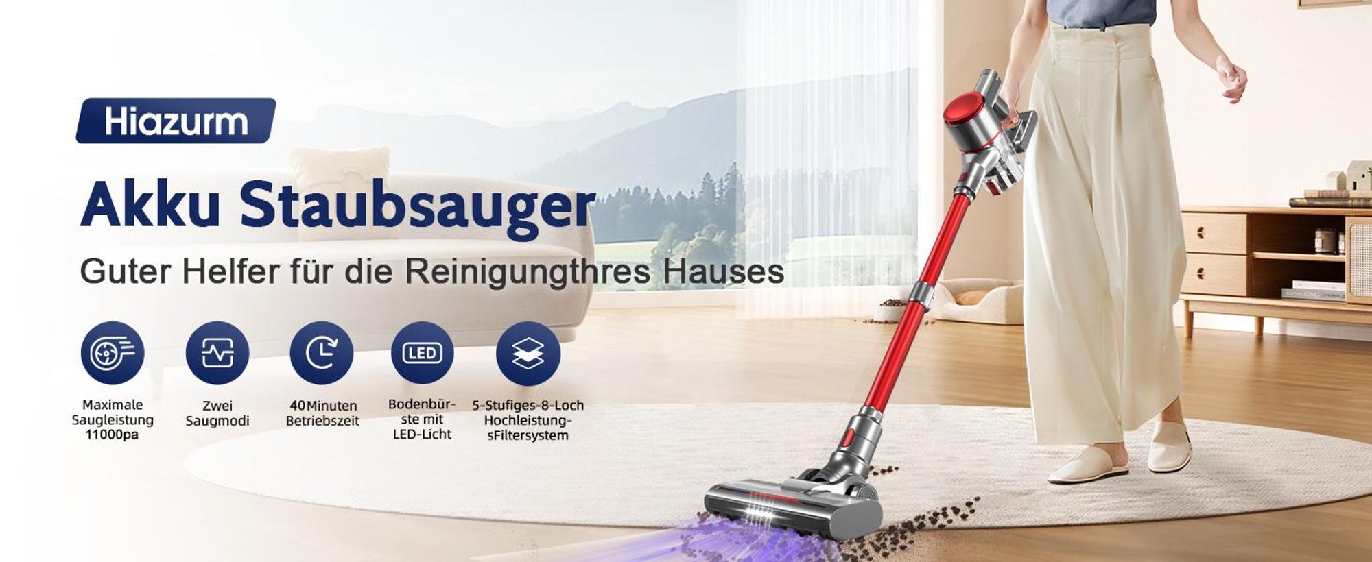 Hiazurm Akku Staubsauger,HEPAx4,Staubsauger kabellos,40 Min,Haushalte mit Haustieren ,kabelloser Staubsauger,Anti-Tangle-Staubsauger