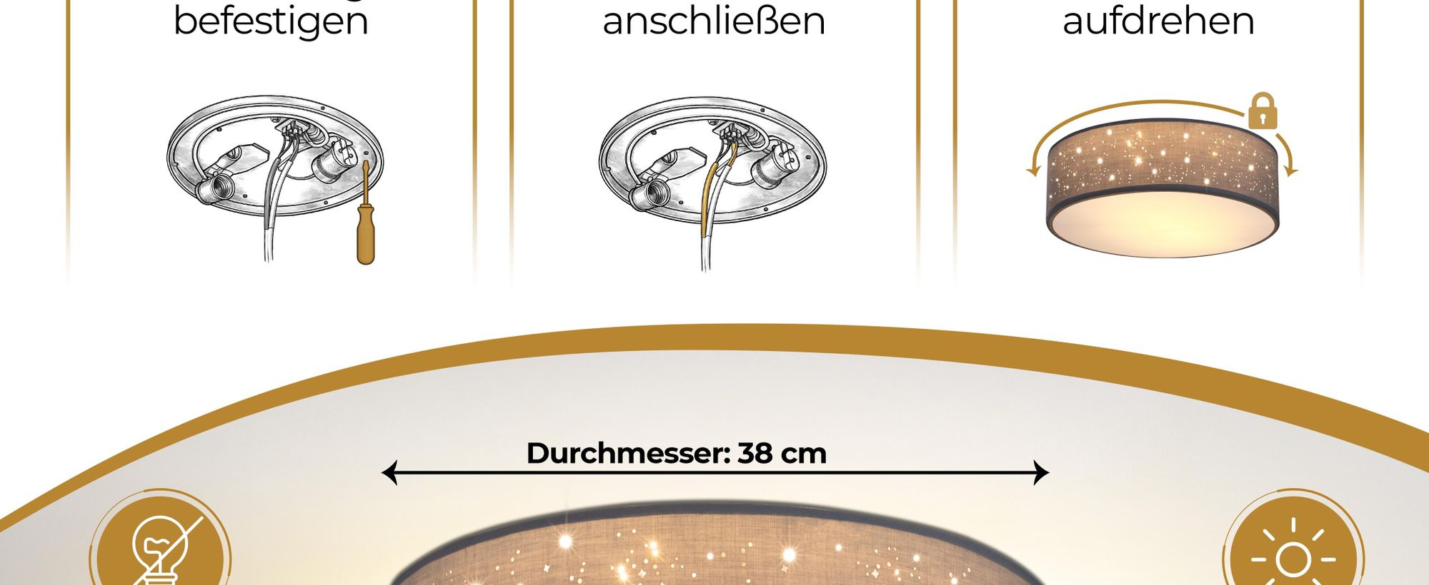 MONZANA® Deckenlampe Sternenhimmel Wohnzimmer Schlafzimmer E27 Grau Rund 38cm Stoffschirm 2-Flammig 40W Küche Lampe Deckenleuchte Stoffdeckenlampe