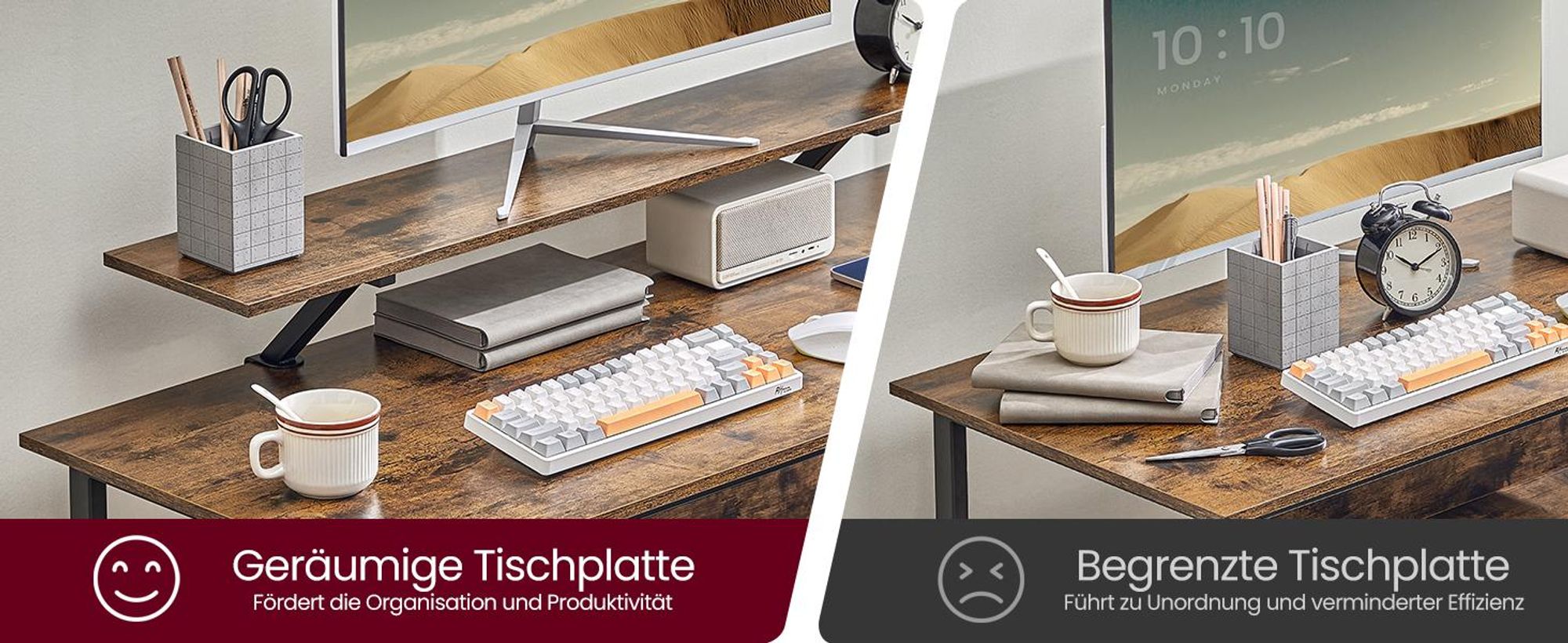VASAGLE Schreibtisch, L-förmiger, mit Steckdosen, LED-Beleuchtung, USB-Anschlüsse