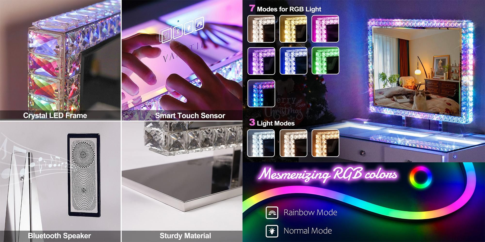 VANITII Hollywood Schminkspiegel 80cm x 60cm mit LED Beleuchtung RGB Lichtmodus Kristallen Kosmetikspiegel für Schminktisch Weiß
