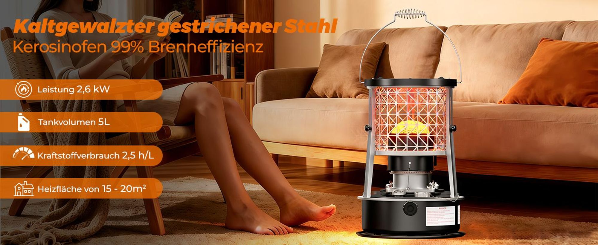 Mobile Petroleumofen Heizung 2600W Tragbare Outdoor & Camping Heizstrahler Terrasse Kerosinofen