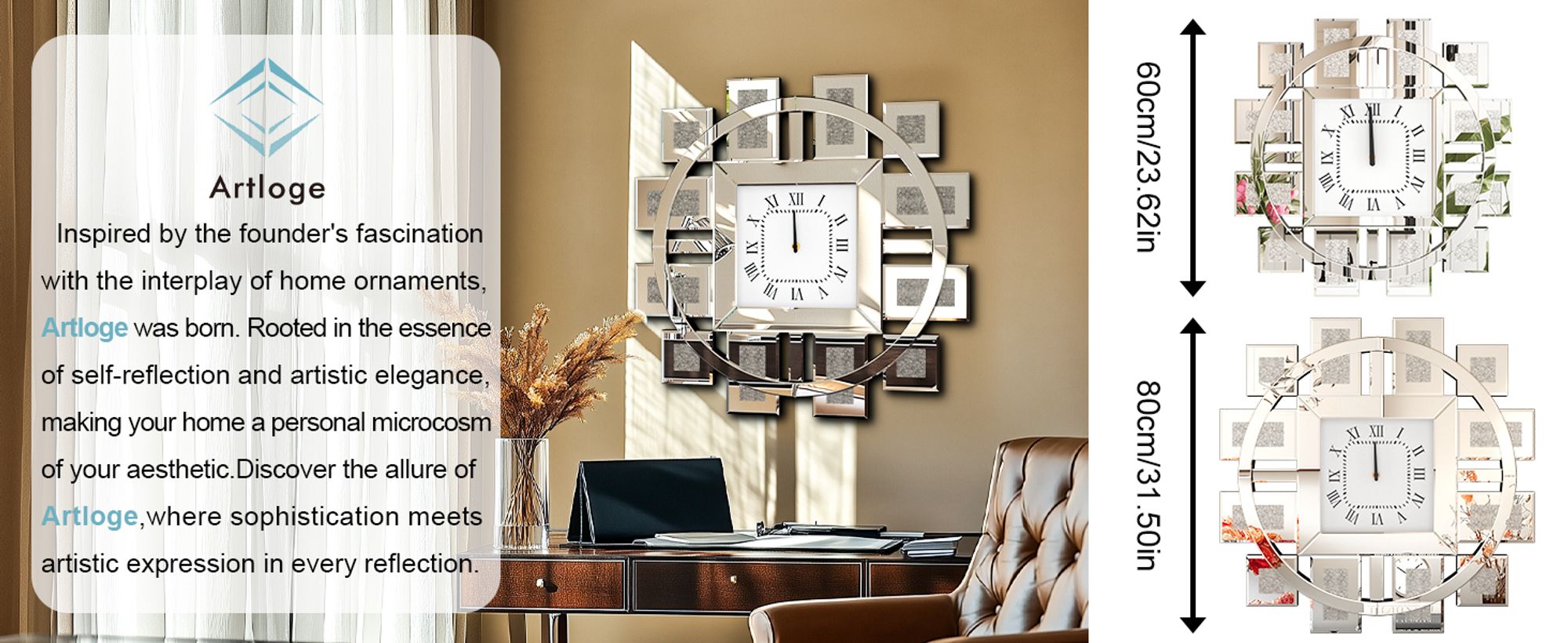WISFOR Wanduhr 80 cm, rund Dekouhr, Modern Atmosphera Küchenuhr Wohnzimmer Bürouhr, Leise Römischen Ziffernr, Glas, Silber