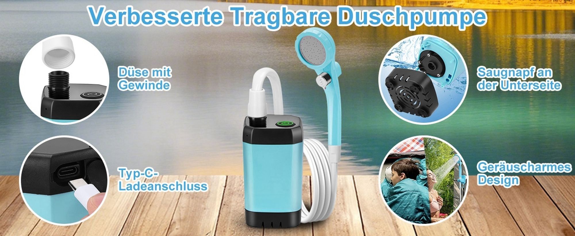 Tragbare Campingdusche Akku mit Pumpe, Camping Dusche Outdoor , Mobile Duschen Außenduschen mit Duschkopf und Schlauch, für Camping Garten Autowaschen