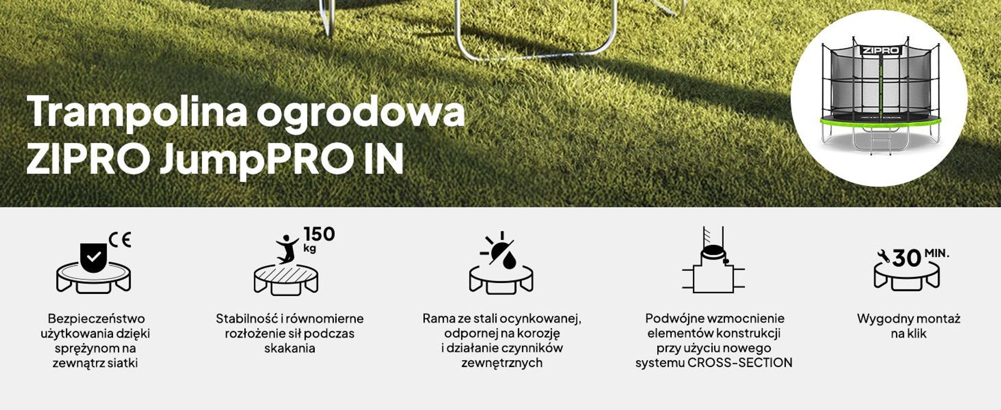 Trampolina ZIPRO Jump Pro IN | 8FT Ø 252 cm | Trampolina ogrodowa dla dzieci Kompletny zestaw zawierający siatkę wewnętrzną, drabinkę i osłonę krawędziową, do użytku na zewnątrz, kolor zielony