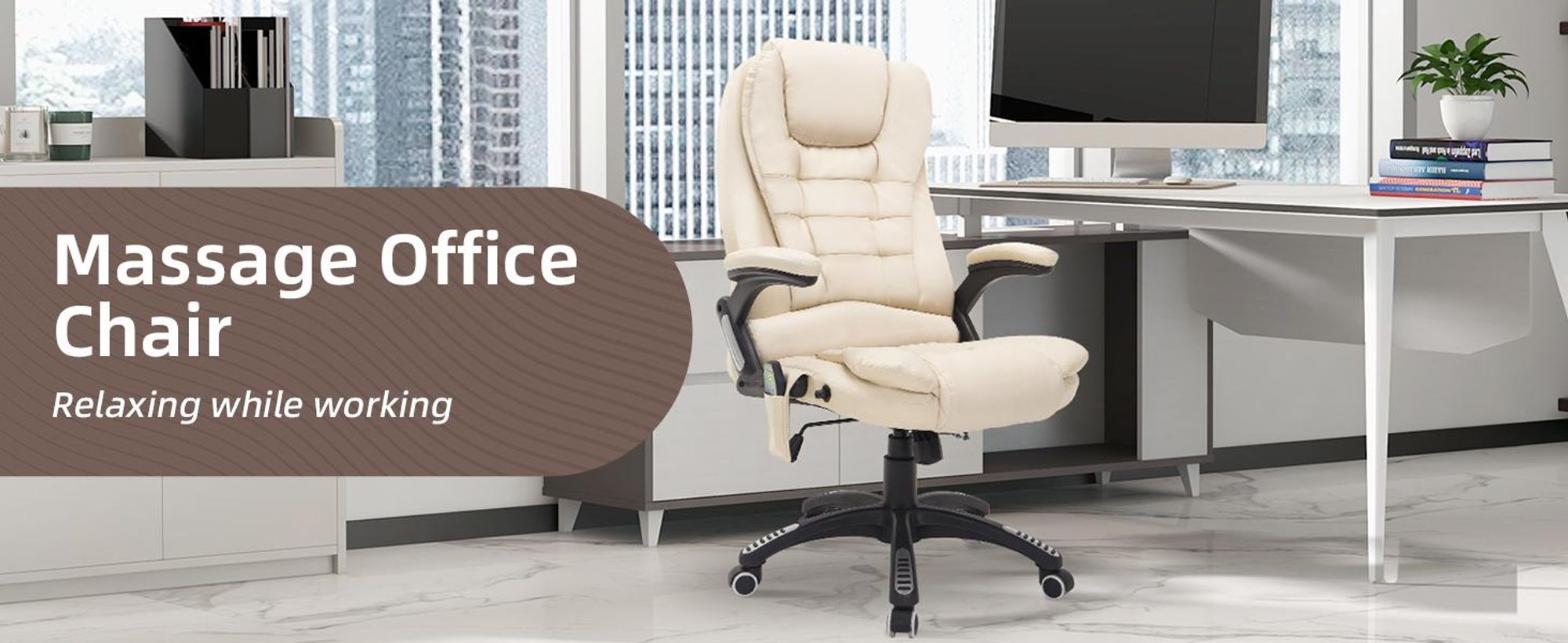 Fotel biurowy HOMCOM z funkcją masażu, ergonomiczny fotel biurowy z funkcją ogrzewania, funkcją odchylania i bujania, regulowany na wysokość i obrotowy w zakresie 360°, sztuczna skóra, kremowy