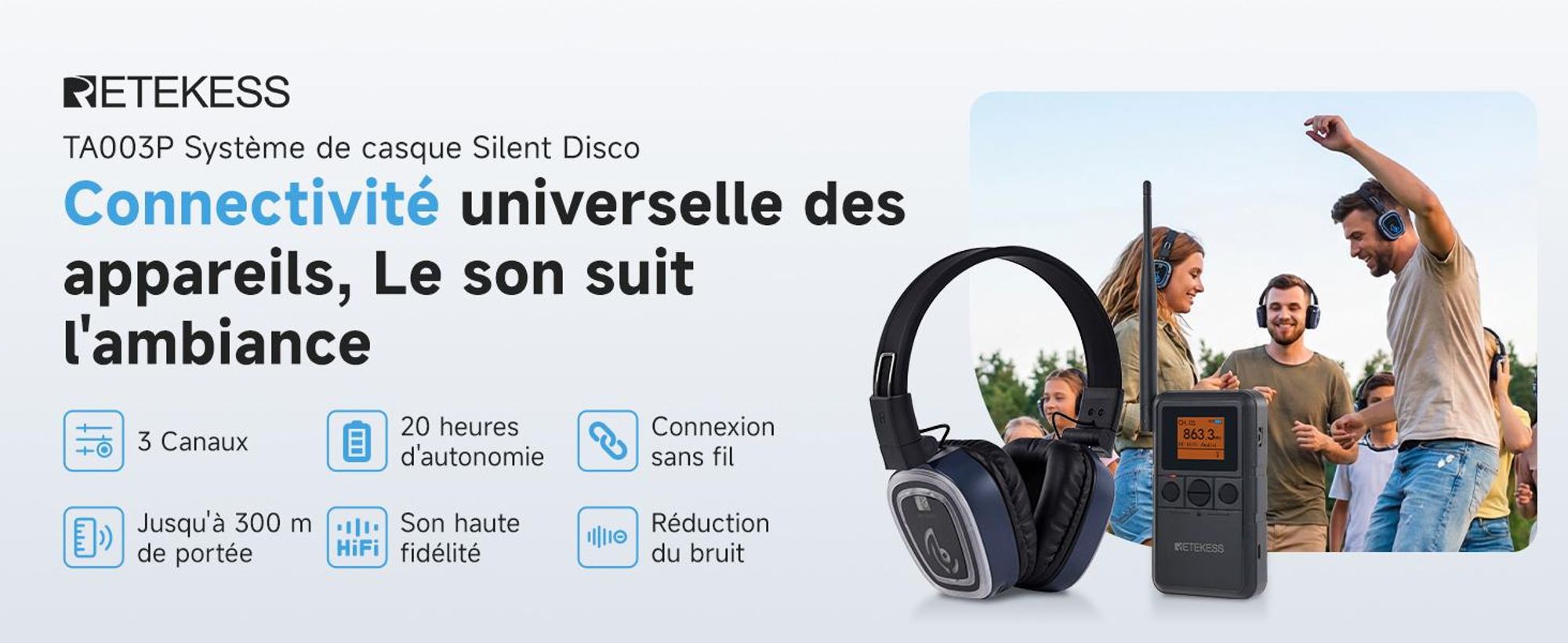 Casque Retekess TA003P-TA004S pour le fitness en groupe, le yoga, en mode mains libres, qualité audio hi-fi, autonomie de 12 heures, oreillettes réglables, adapté à la « silent disco »