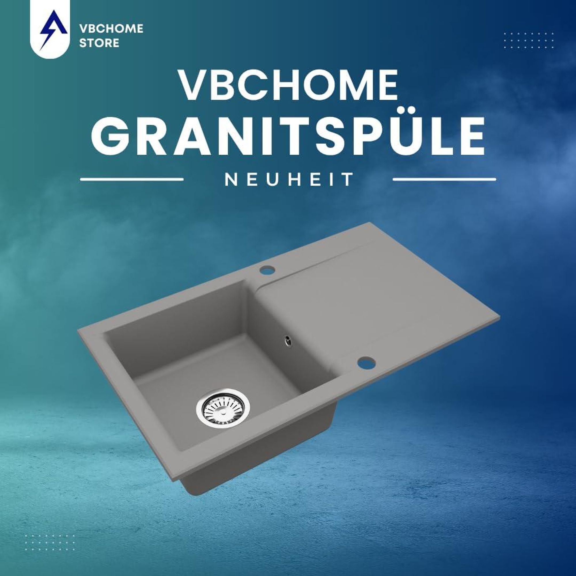 VBChome Granitspüle 76 x 44 cm Grau mit Armatur Einzelbecken Einbauspüle Reversibel Gesprenkelt Pflegeleichtes Spülbecken mit Siphon