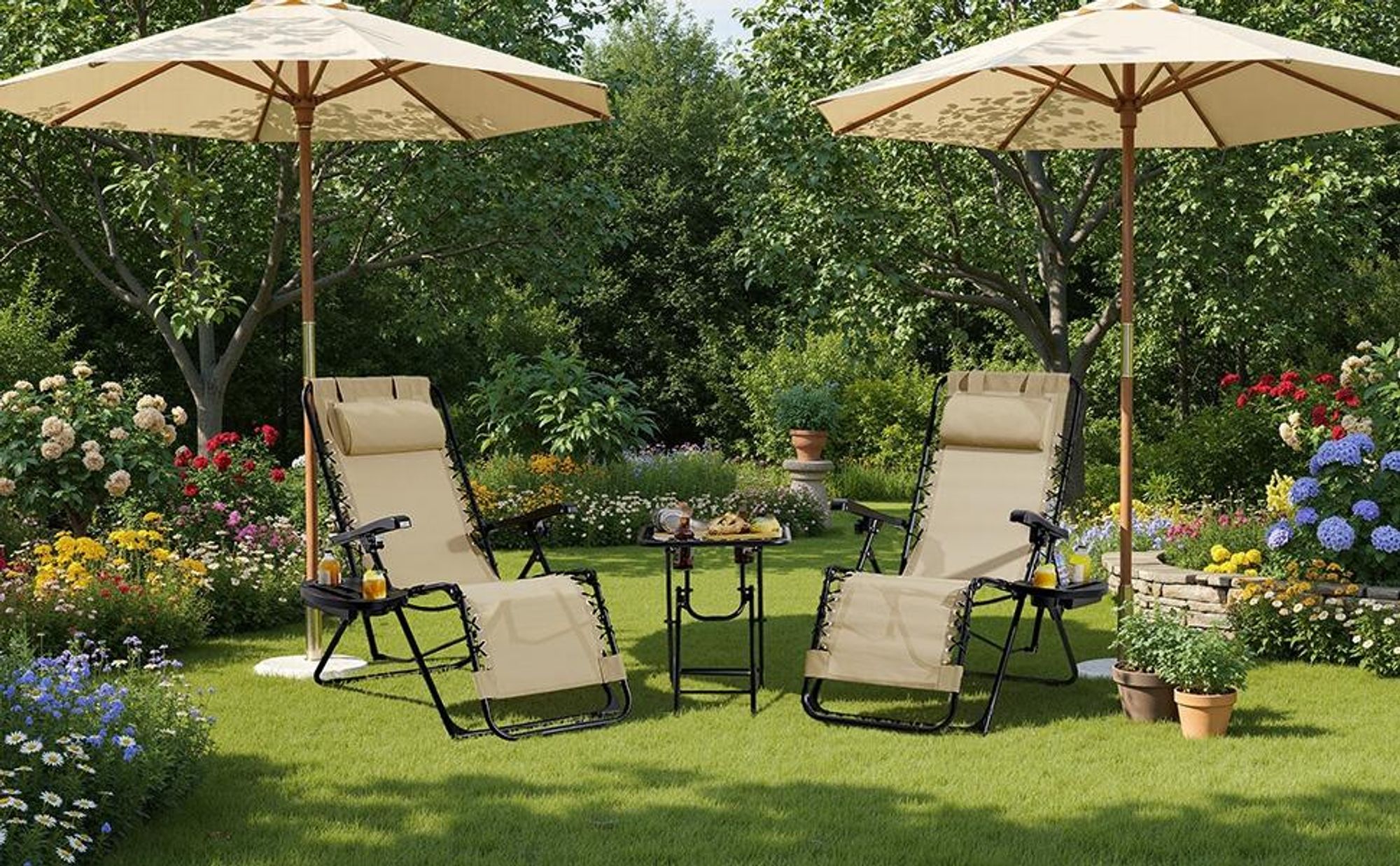 Yaheetech 3-tlg. Liegestuhl Set, inkl. 1 Beistelltisch & 2 klappbare Gartenliegen, mit Nackenkissen & Becherhalter & verstellbarer Rückenlehne