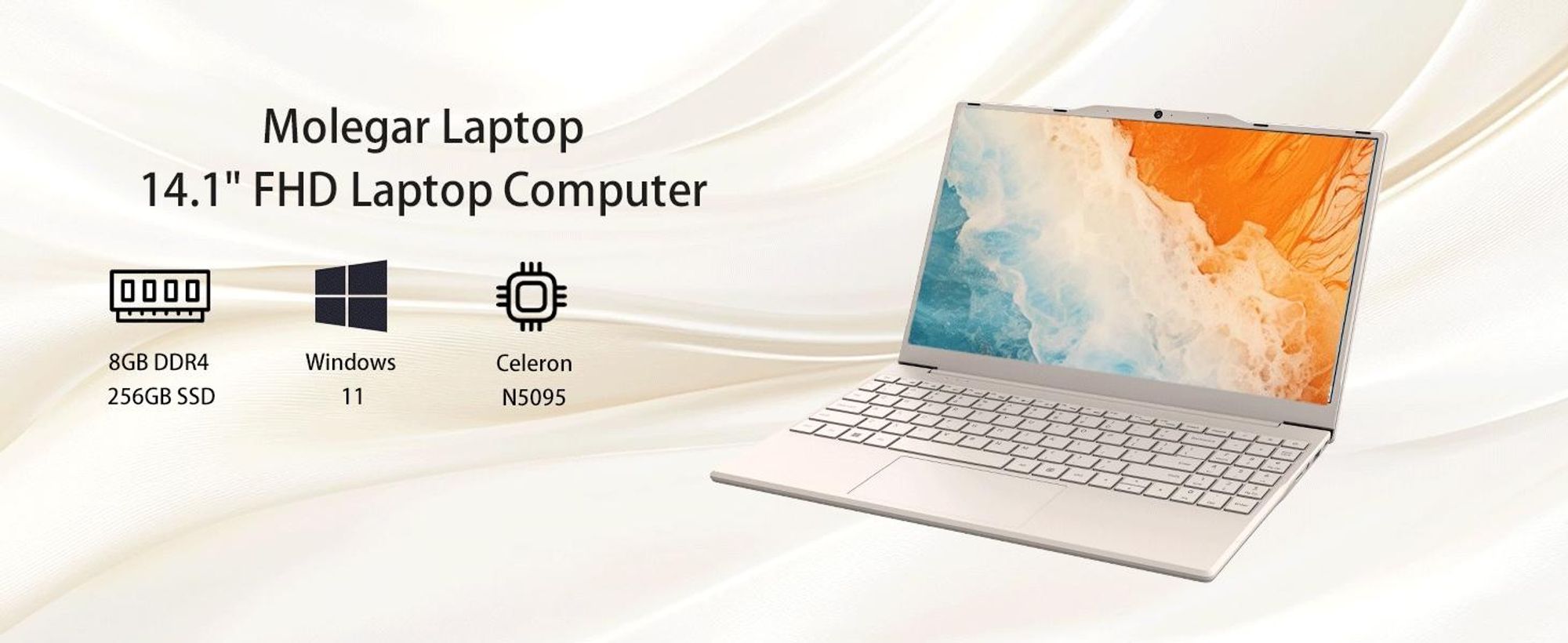 Molegar 14.1-Zoll-Laptop-Computer, 8 GB DDR4 256 GB SSD, Quad-Core Intel N5095 CPU (bis zu 2,9 GHz), Studenten-/Business-Laptop mit 1080P FHD-Display, 2,4 / 5G WiFi, Perfektes Geschenk, Webcam, USB 3.0, Tastatur mit Hintergrundbeleuchtung (Rosa)
