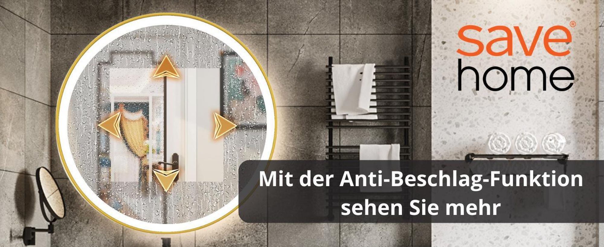 LED Badezimmerspiegel Rund 80 cm – Badspiegel mit LED Beleuchtung, Touch-Schalter, Anti-Beschlag, 3 Lichtfarben, Goldener Rahmen – SAVE HOME