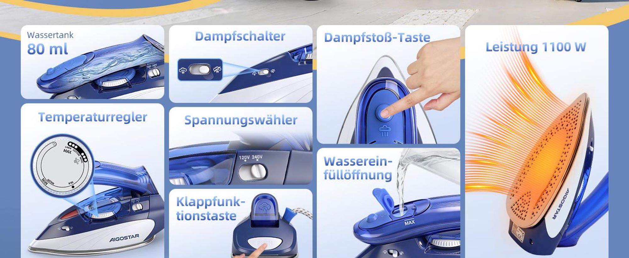 Aigostar Reise-Dampfbš¹geleisen Kleines Mini Dampf Bš¹geleisen Leichtes Reisebš¹geleisen Tragbar Faltbarer Griff Dampfbš¹geleisen Mehrere Temperaturstufen Reisedampfbš¹geleisen 1100W 80ml Wassertank