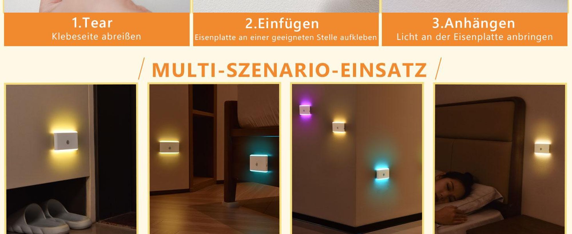 2 Stück RGB Nachtlicht mit Bewegungsmelder, 7 Farben dimmbares LED Licht, wiederaufladbar für Treppe Flur Schlafzimmer, magnetisches Design
