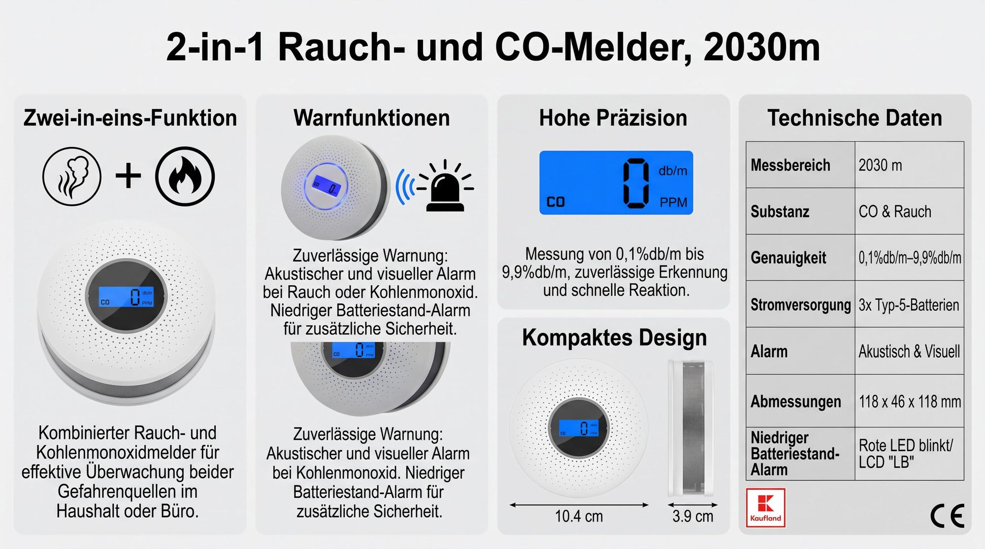 2-in-1 Rauch- und CO-Melder, Kohlenmonoxid Alarm, Kombiniert, Akustisch & Visuell, 2030m