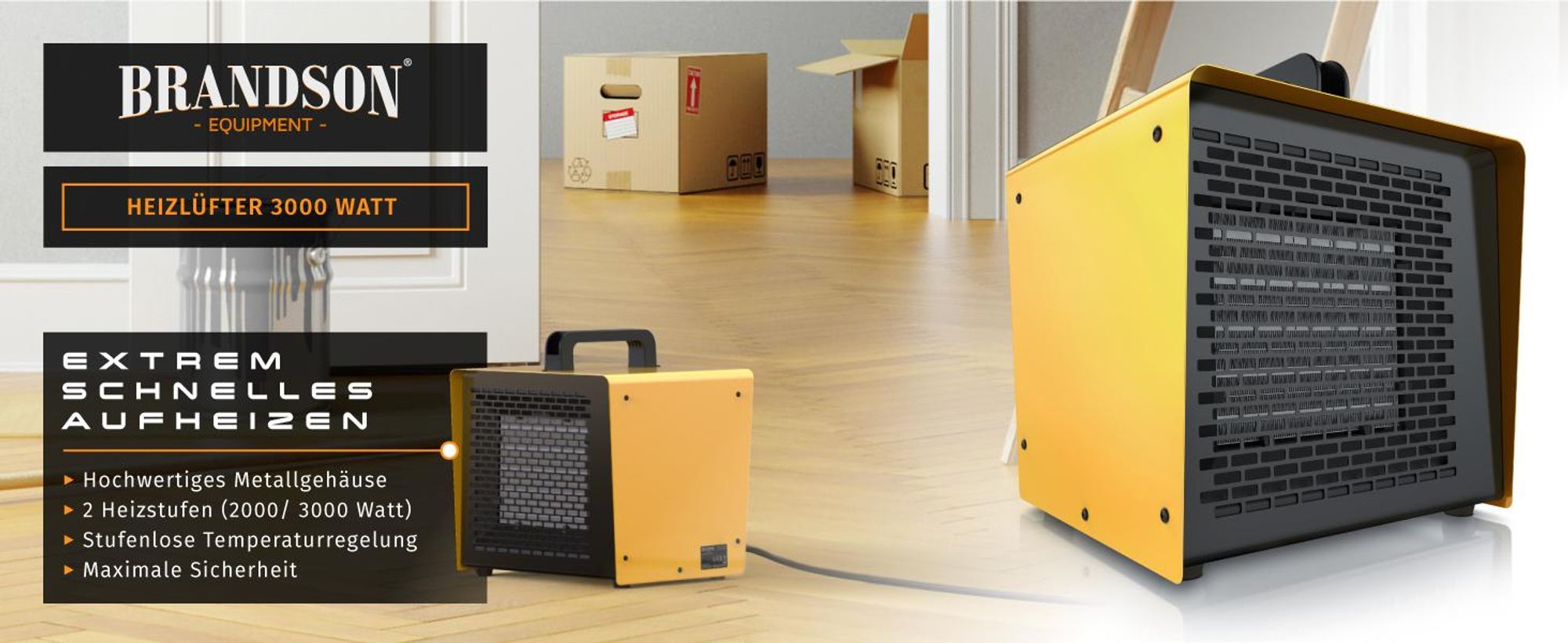 Brandson Baustellen-Heizlüfter 3000 W, Metallgehäuse und zwei Heizstufen