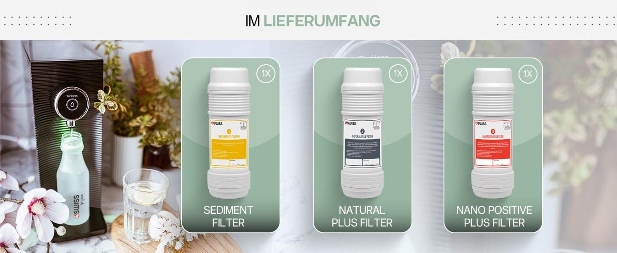 4SWISS Wasserfilter System - Entfernt Bakterien, Schwermetalle, Mikroplastik, Einfache Installation, Hervorragender Geschmack, Mit 3 Filtern, Schwarz