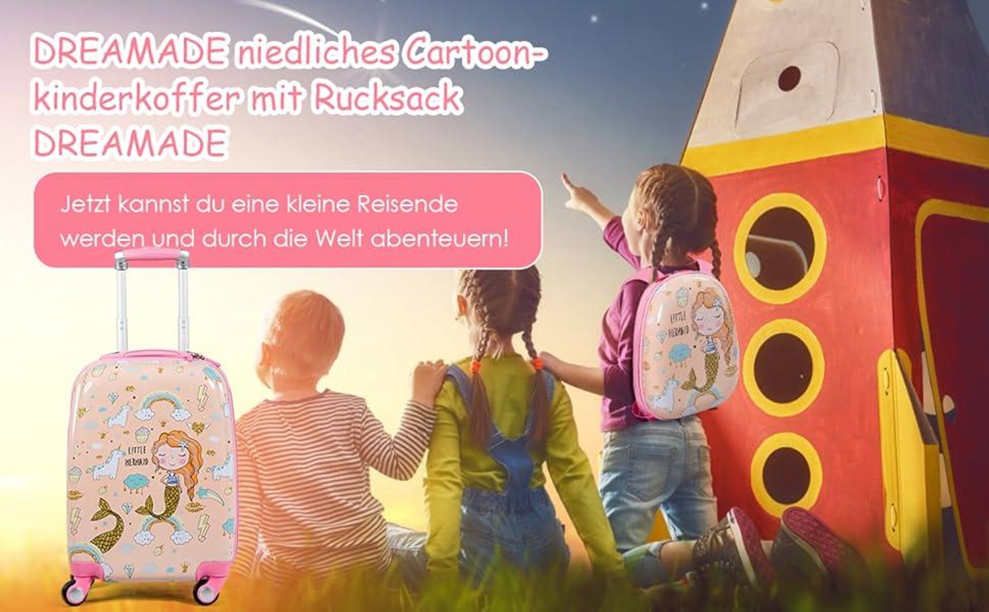Kiderkoffer mit Rucksack, Kinderkoffer-Set mit 4 Rollen, Kindertrolley 18 Zoll + 12 Zoll (Pink)