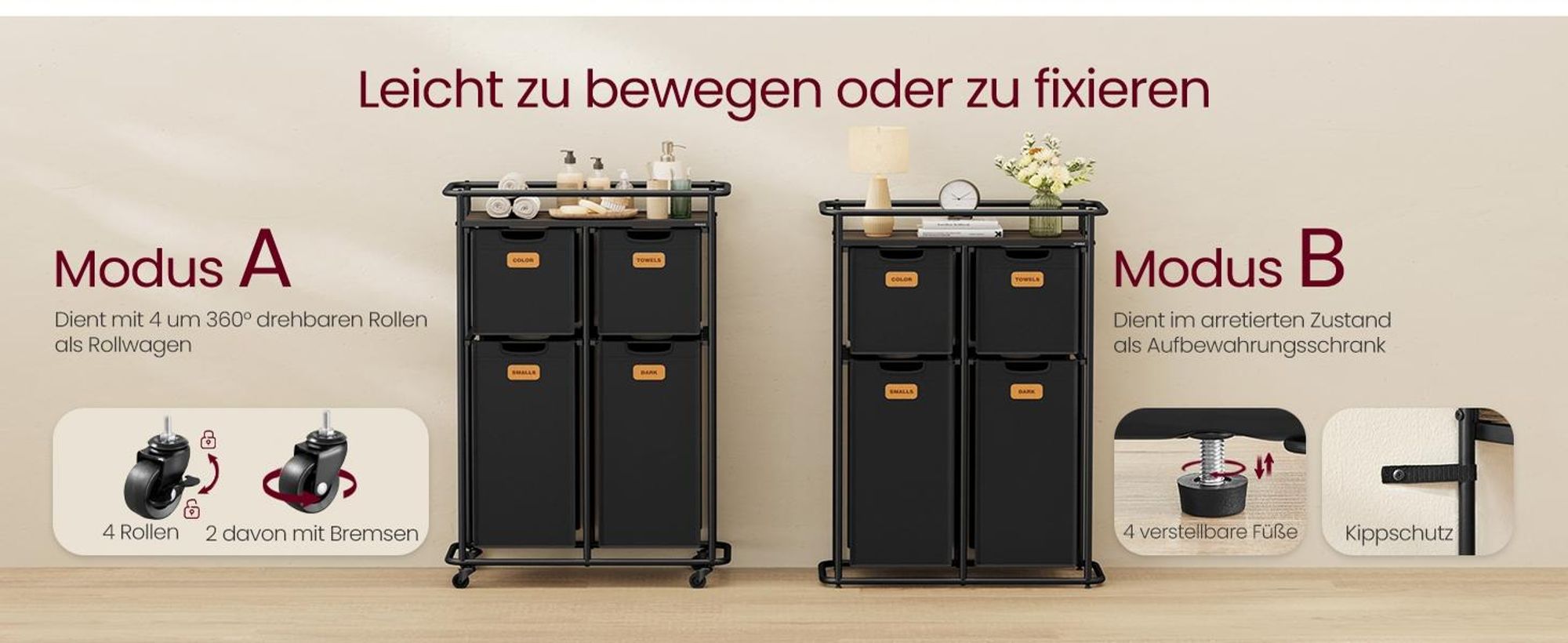 VASAGLE Wäschekörbe,Wäschetrenner mit Rädern,150 L, beweglicher mit Ablage