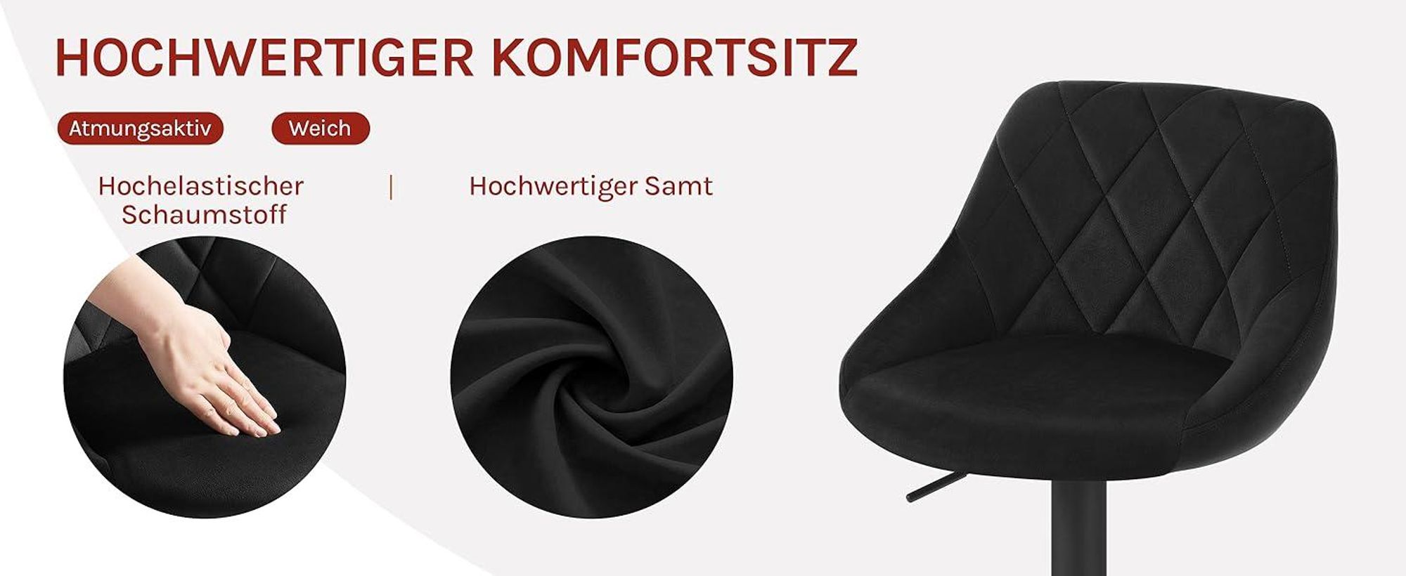 WOLTU Barhocker 4er Set, Barstuhl, Gute gepolsterte Sitzfläche aus Samt, Höhenverstellbar, 360° Drehbar, Schwarz