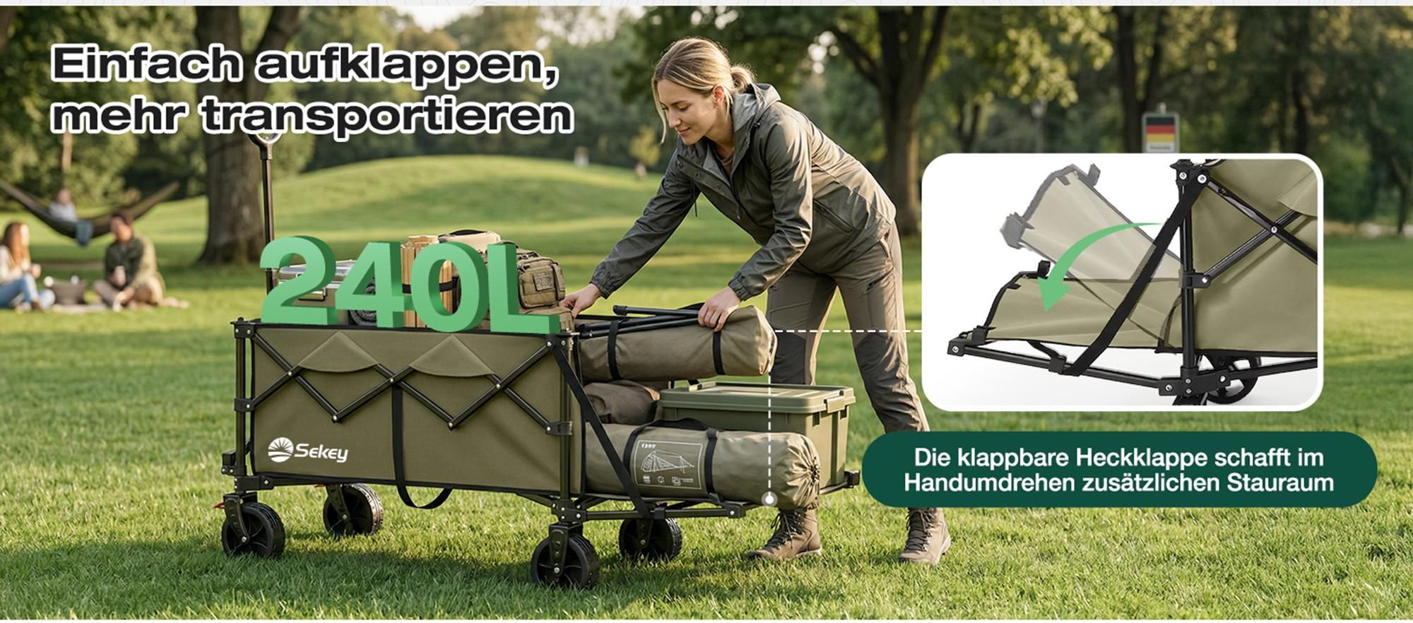 Sekey Klappbar Bollerwagen mit Faltbarer Heckklappe, 160L & 240L 150KG, Olivgrün