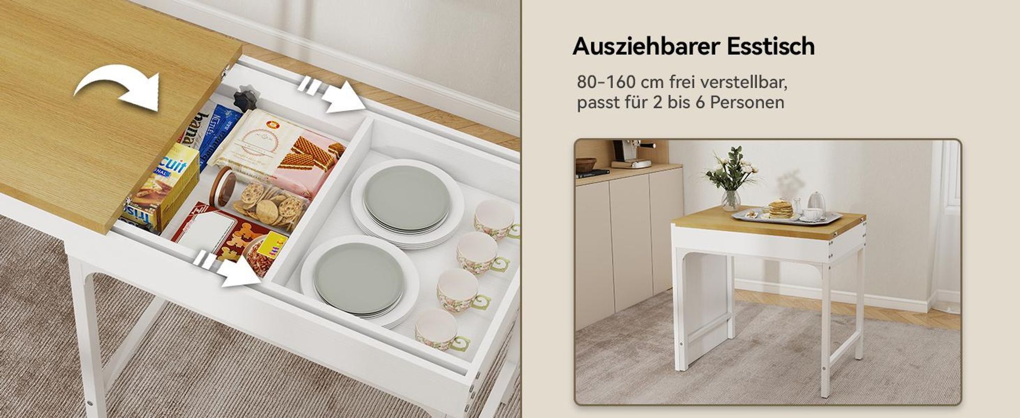 Puluomis Esstisch ausziehbar, Erweiterbarer Tisch 55x80-160cm, Klapptisch mit Verstärkter MDF-Platte, Küchen-/Wohnzimmertisch weiß natur
