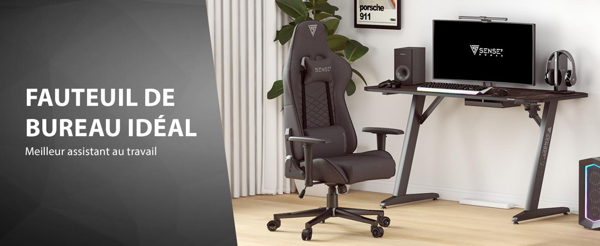 Chaise gaming SENSE7 Spellcaster en tissu noir - Chaise de bureau ergonomique Chaise de bureau PC Fauteuil gaming 150 kg Accoudoirs 2D Inclinaison 160°