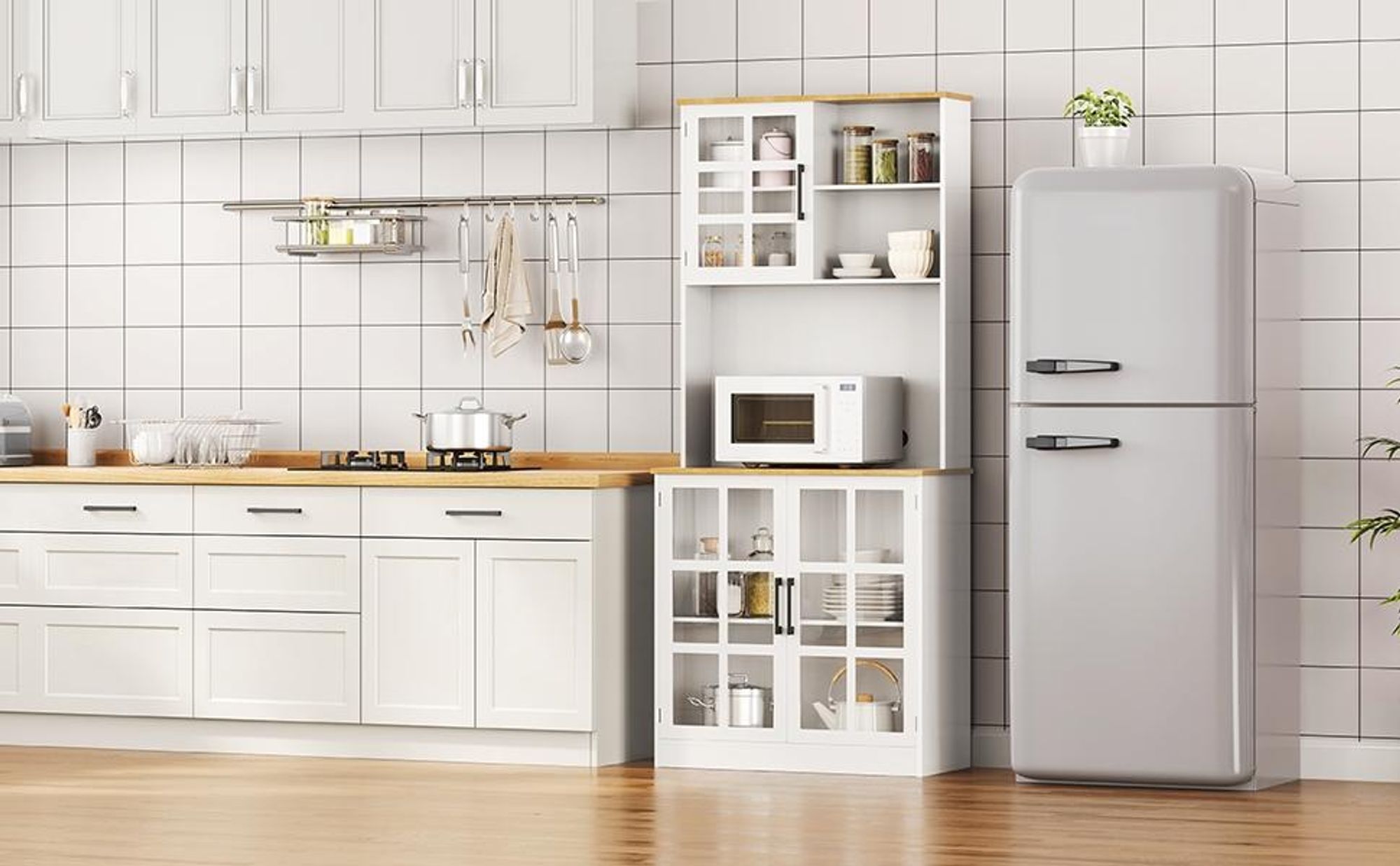 Yaheetech Küchenschrank, Vorratsschrank, Küchenbuffet, Mehrzweckschrank, mit verstellbaren Einlegeböden, für Mikrowelle geeignet, 2 Kabellöcher, Weiß