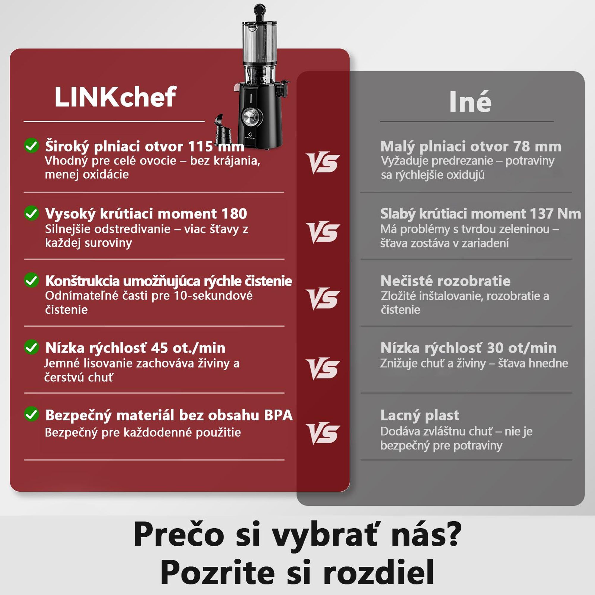 LINKChef SJ-051-EU-BL Pomalý Odšťavovač - 200W Výkon 1.2L Veľká kapacita Dva podávacie tácky Ľahko sa čistí - čierna