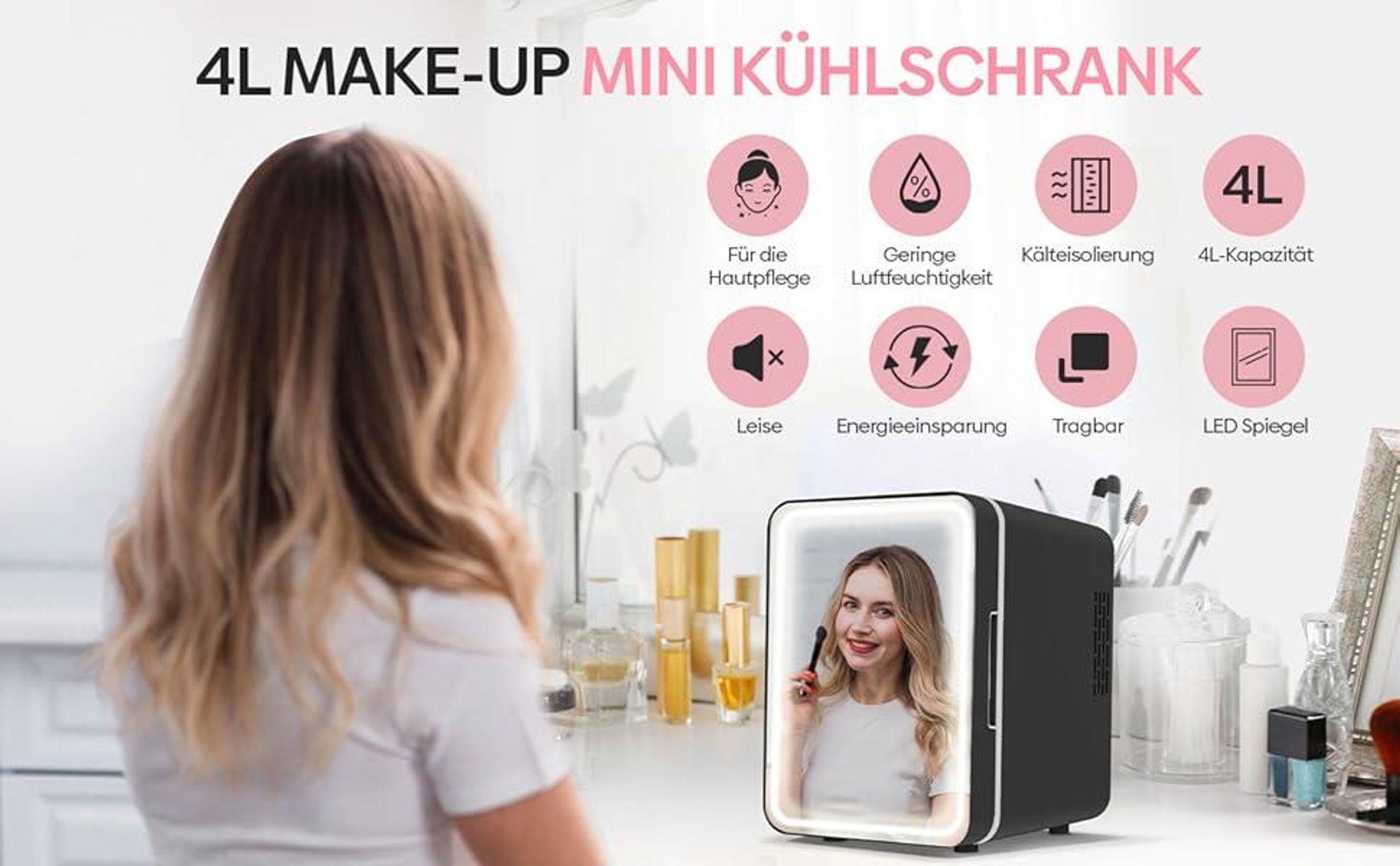Olvy Kosmetik Kühlschrank 4 Liter, Tragbarer Mini Kühlschrank mit LED Spiegel, Klein Skincare Fridge, Kühl und Heiß für Zimmer, Schwarz