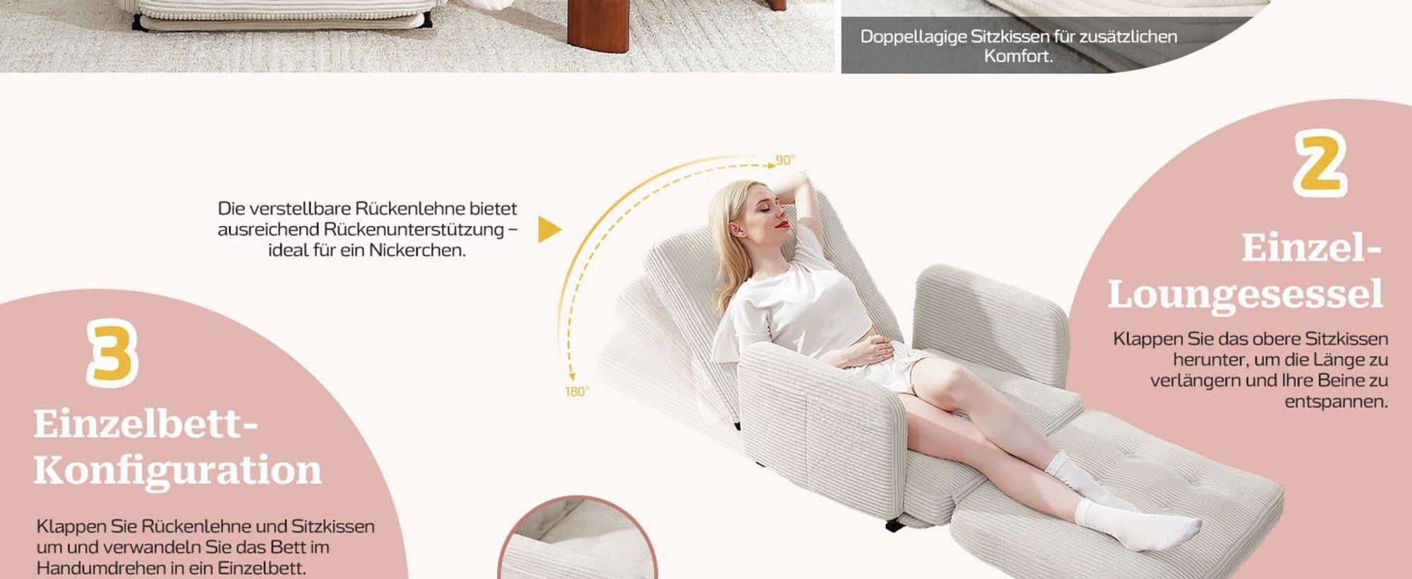Bodenhohes Sofa,- mit Schlaffunktion, erhältlich in verschiedenen Farben, moderner Cordstoff, Elfenbeinweiß