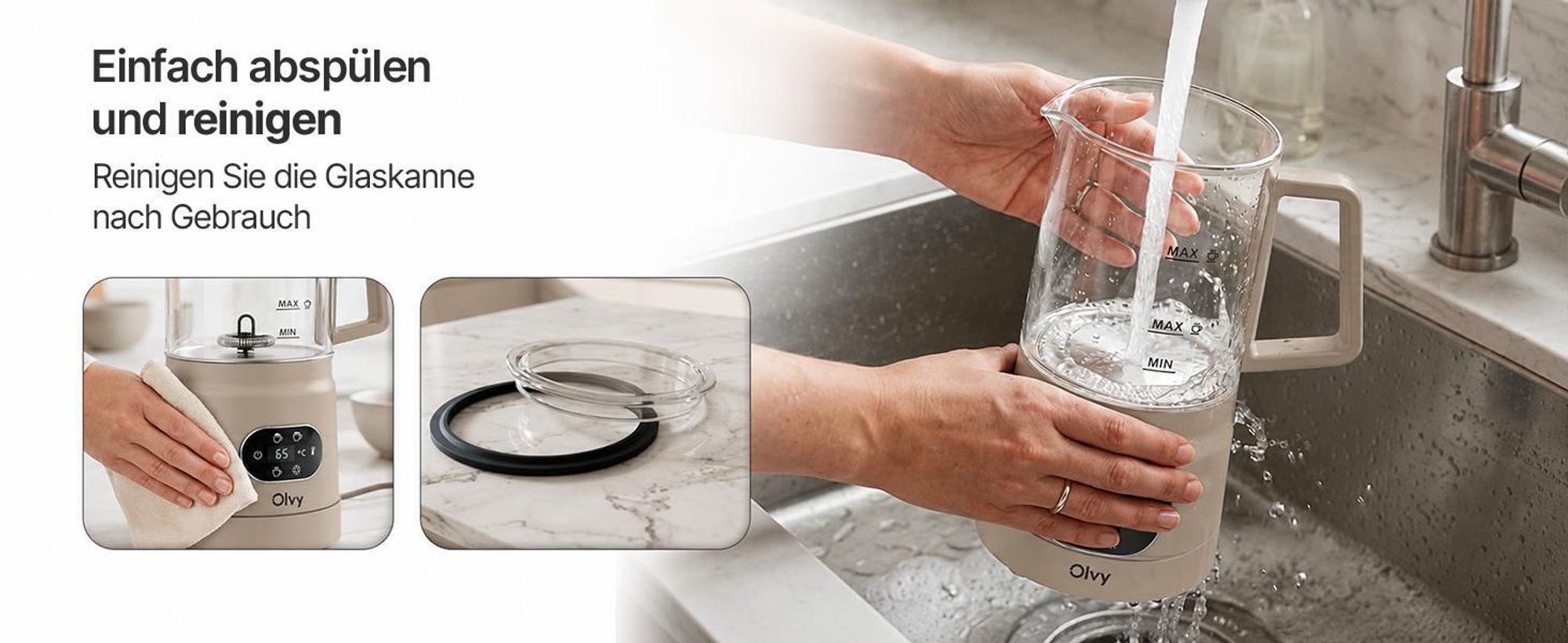 Olvy Elektrischer Milchaufschäumer aus Glas 4-in-1, 500 W, Temperaturanzeige, 160 ml Milchschaum, 400 ml Milcherhitzung, Heiß- & Kaltschaum, Beige