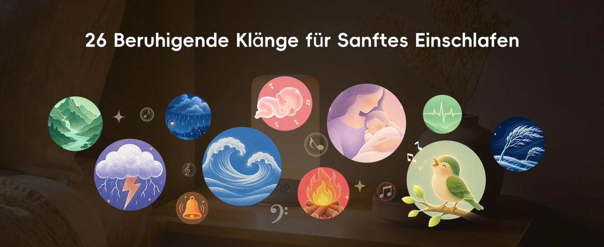 ecozy Tageslichtwecker 3-in-1 Lichtwecker Sonnenaufgangssimulation, Weißes Rauschen, Nachtlicht, mit 26 Klängen, 17 Lichteffekten und App-Steuerung