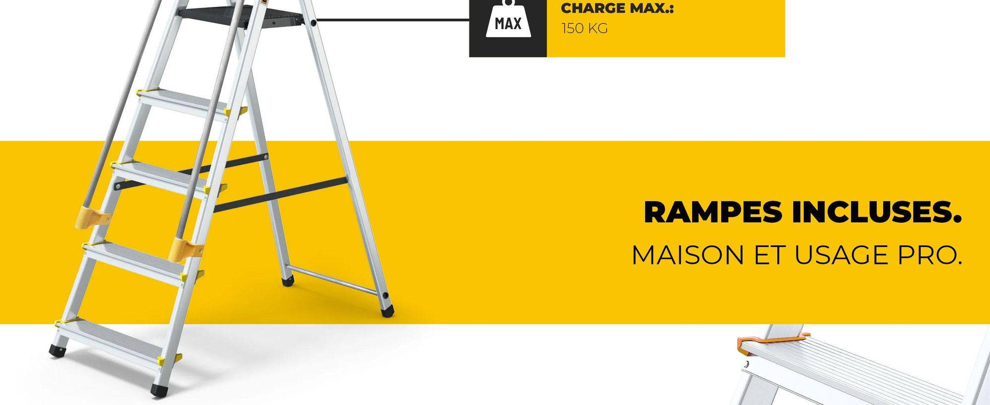 Drabest | échelle - 5 marches, charge max. 150kg - échelle avec mains courantes, échelle en aluminium, pieds antidérapants, escabeau, échelle pliante