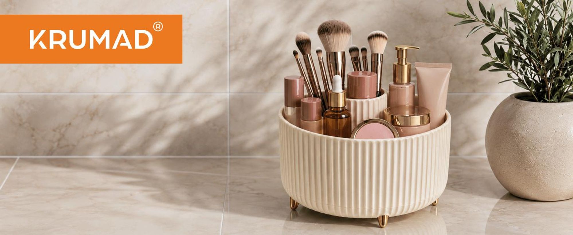 KRUMAD Kosmetik Organizer drehbar 360°, Make-up Organizer mit 5 Fächern, Parfümhalter, Pinselhalter, Kosmetikbox für Bad, Schminktisch und Büro