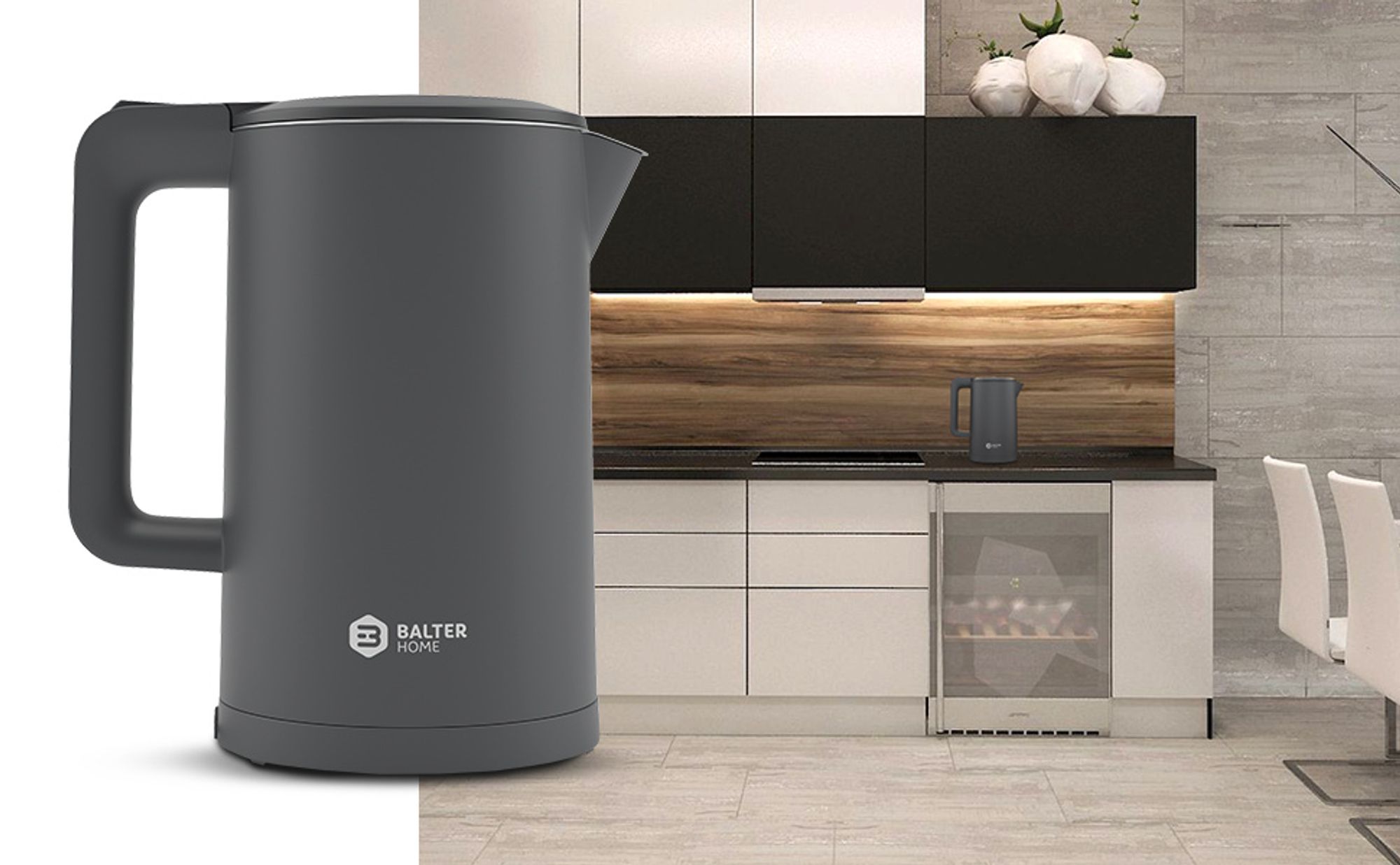 Balter Wasserkocher Edelstahl 1,7L, 2200W, BPA-frei, LED-Beleuchtung, Doppelwand, Teekessel mit Abschaltautomatik, Trockenlaufschutz, Grau