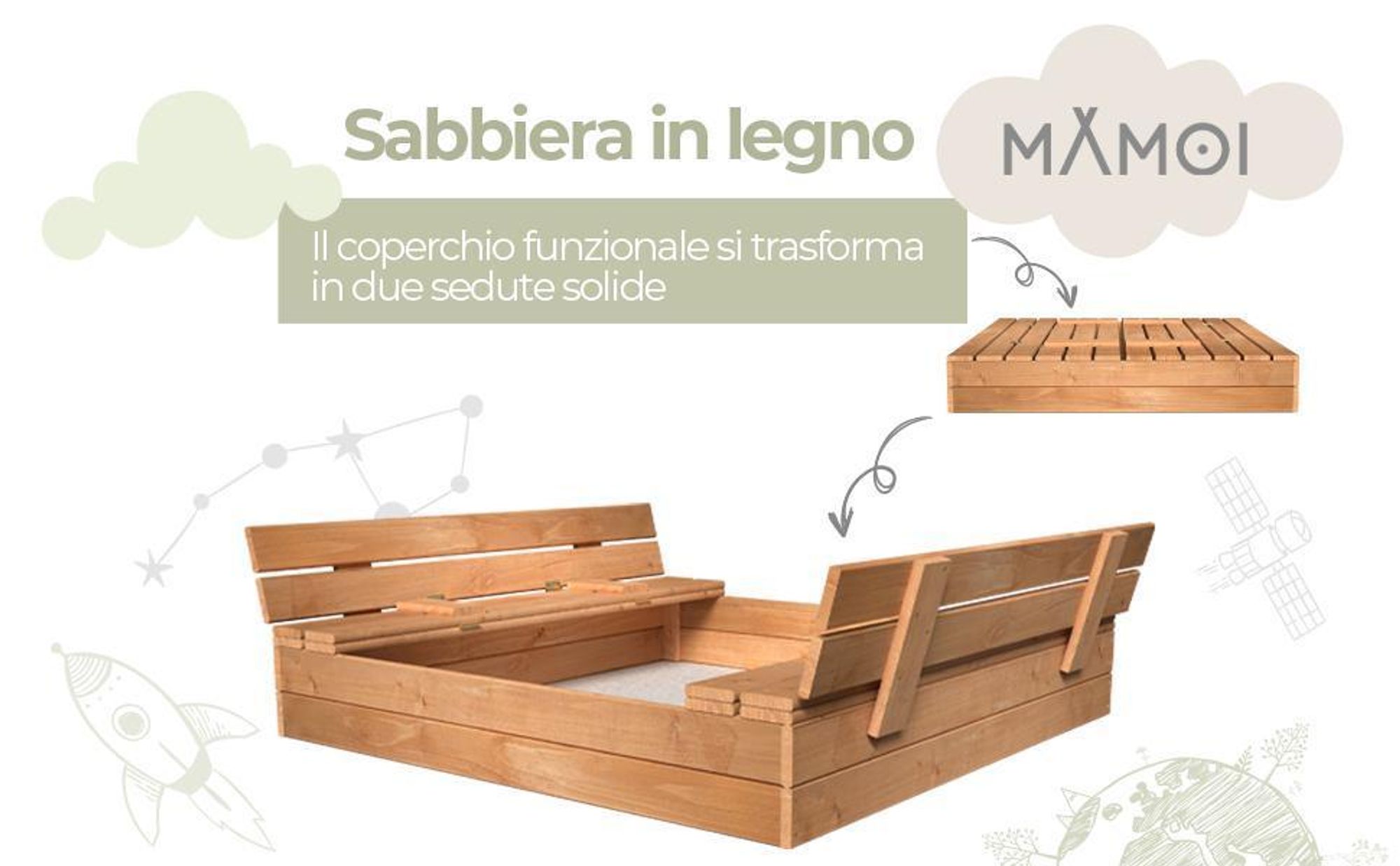 MAMOI sabbiera con copertura 120x120, sabbiera naturale, sabbiera con panchine, giocattoli in legno, copertura, panchine 150x150