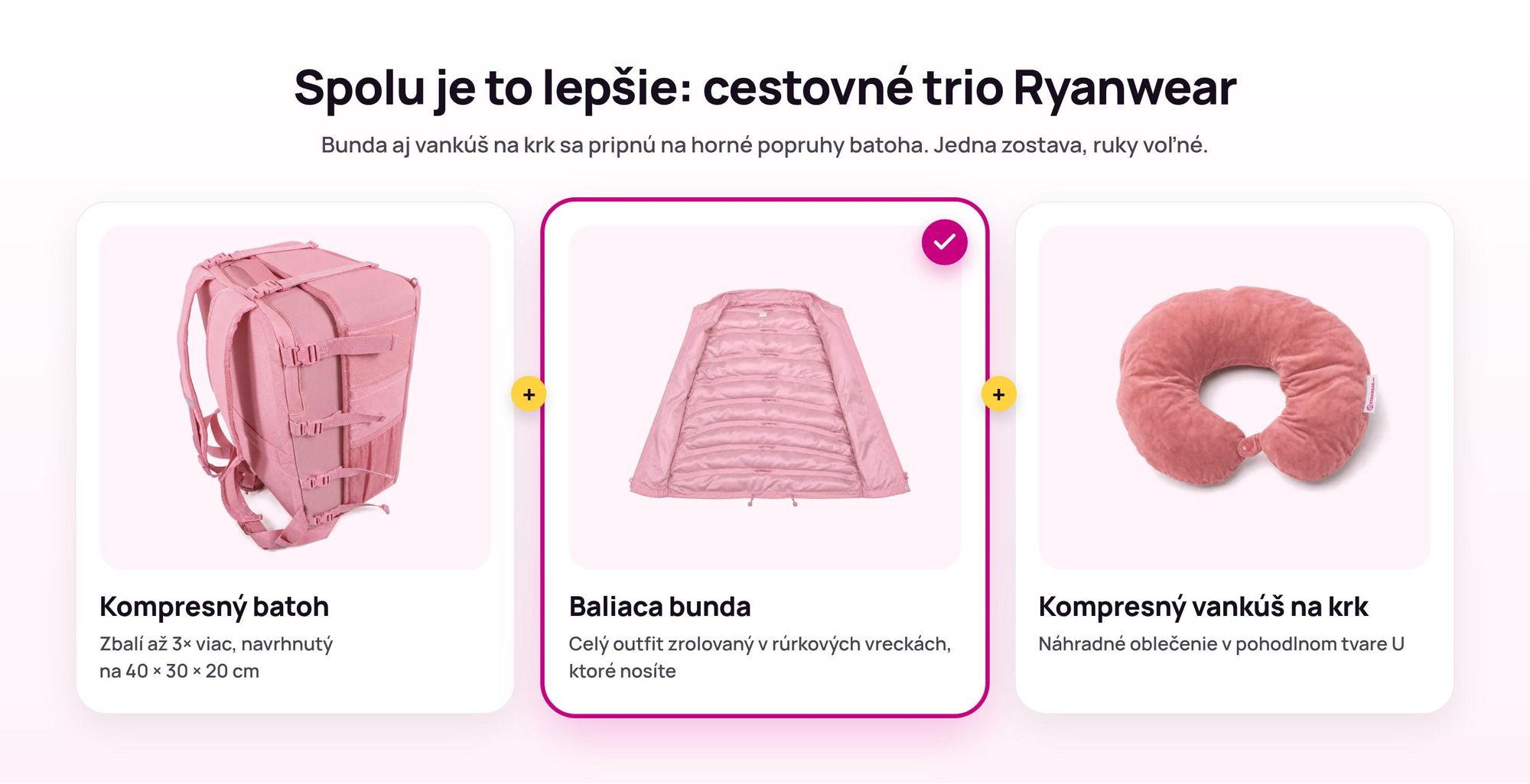 Kompresný batoh Ryanwear s pripnutou Baliacou bundou a Kompresným vankúšom na krk