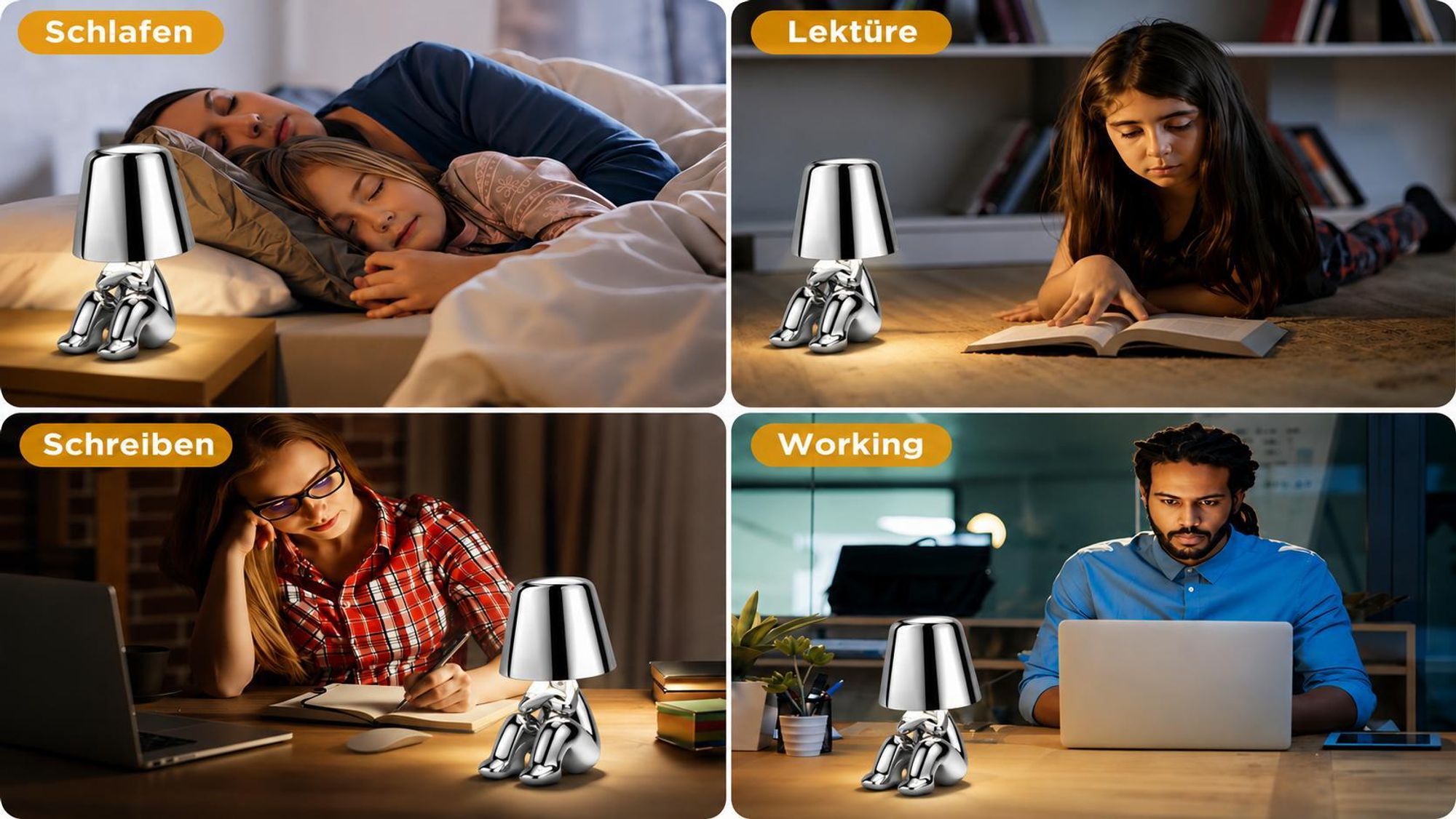 Thinker-Statue LED Nachttischlampe mit Touch-Steuerung,USB-Aufladung,3 Helligkeitsstufen,Kabellose Dimmbare Tischlampe,Dekorative Nachtlicht(SilverC)