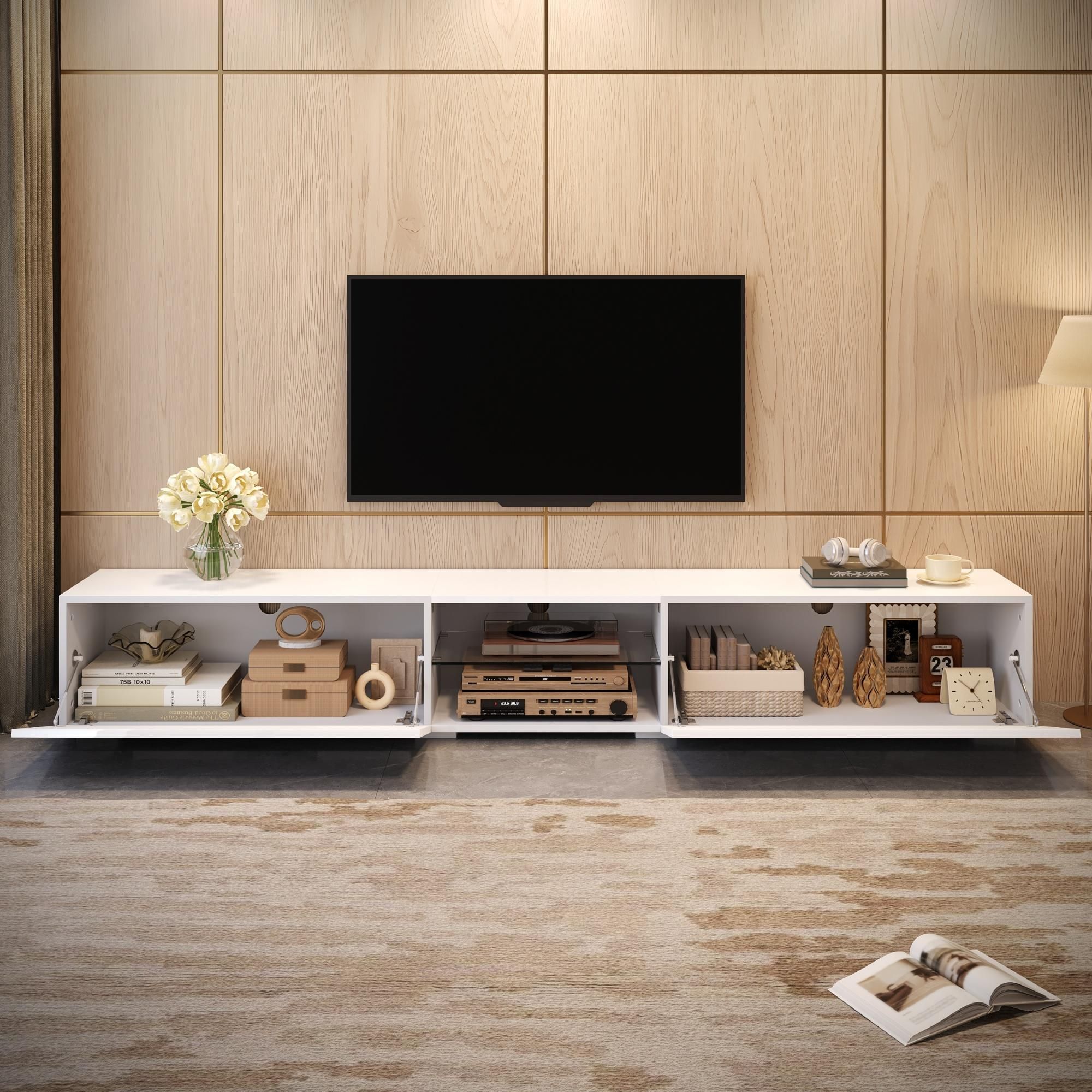 MODFU TV-Schrank mit LED, Lowboard 200cm,TV-Board mit Hochglanz-Türen und offenem Fach,Fernsehschrank mit Stauraum,Weiß