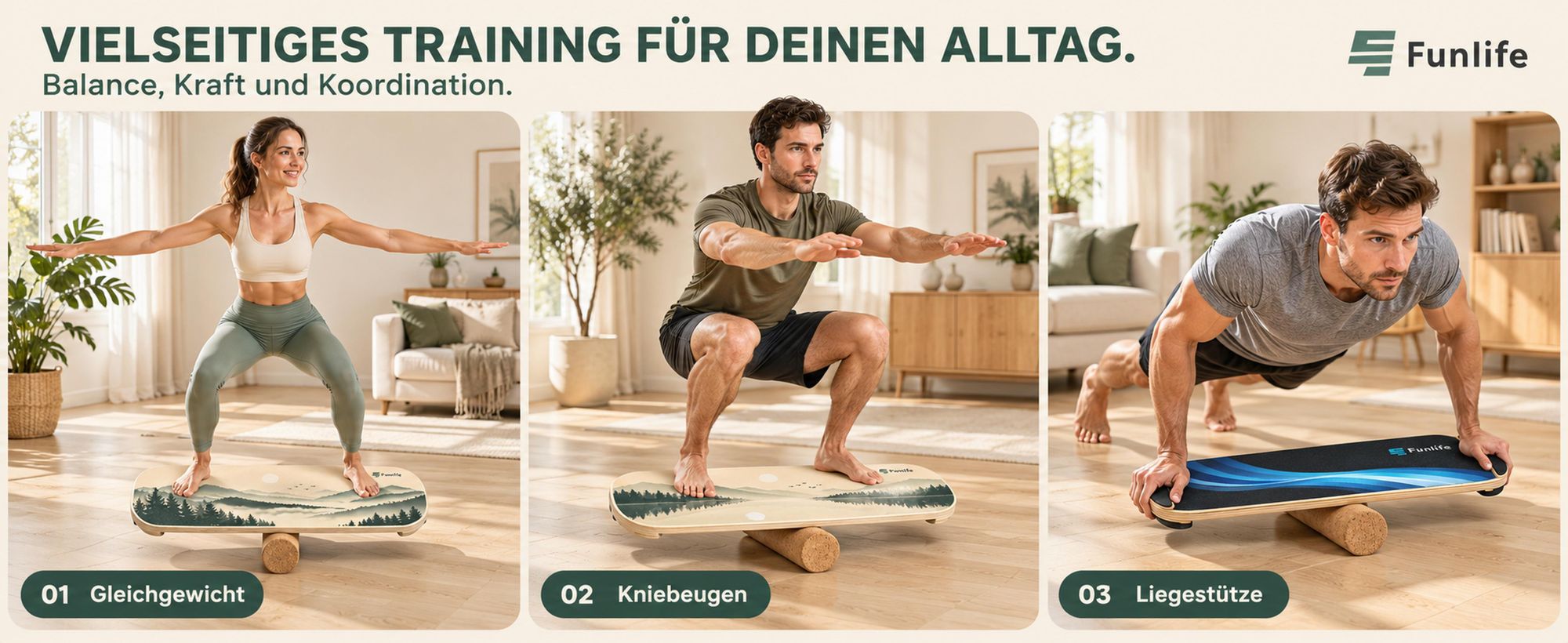 FunLife Balance Board WAVE aus Birkenholz mit Rolle – Gleichgewichtstrainer für Core Training, Koordination, Surf-, Skate- & Snowboard Training