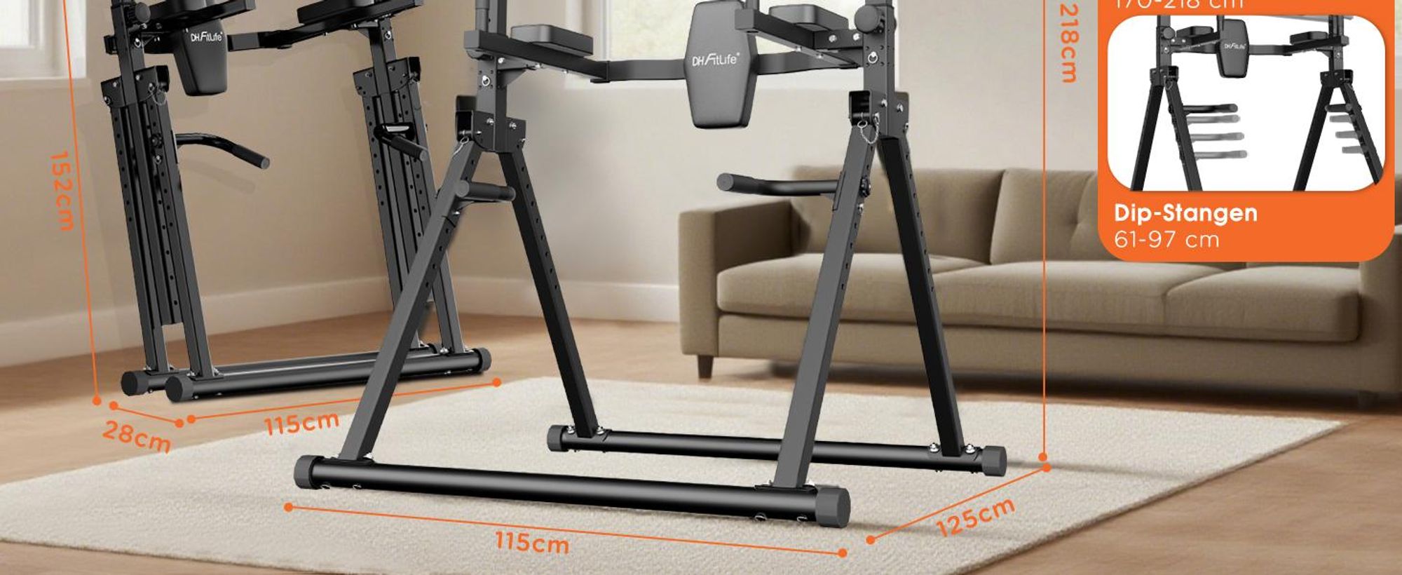 DH FitLife Faltbar Power Tower Dip Station bis 210kg – Klimmzugstation mit Dip-Barren & Rückentrainer, Fitness Station, Power Rack für Home Gym