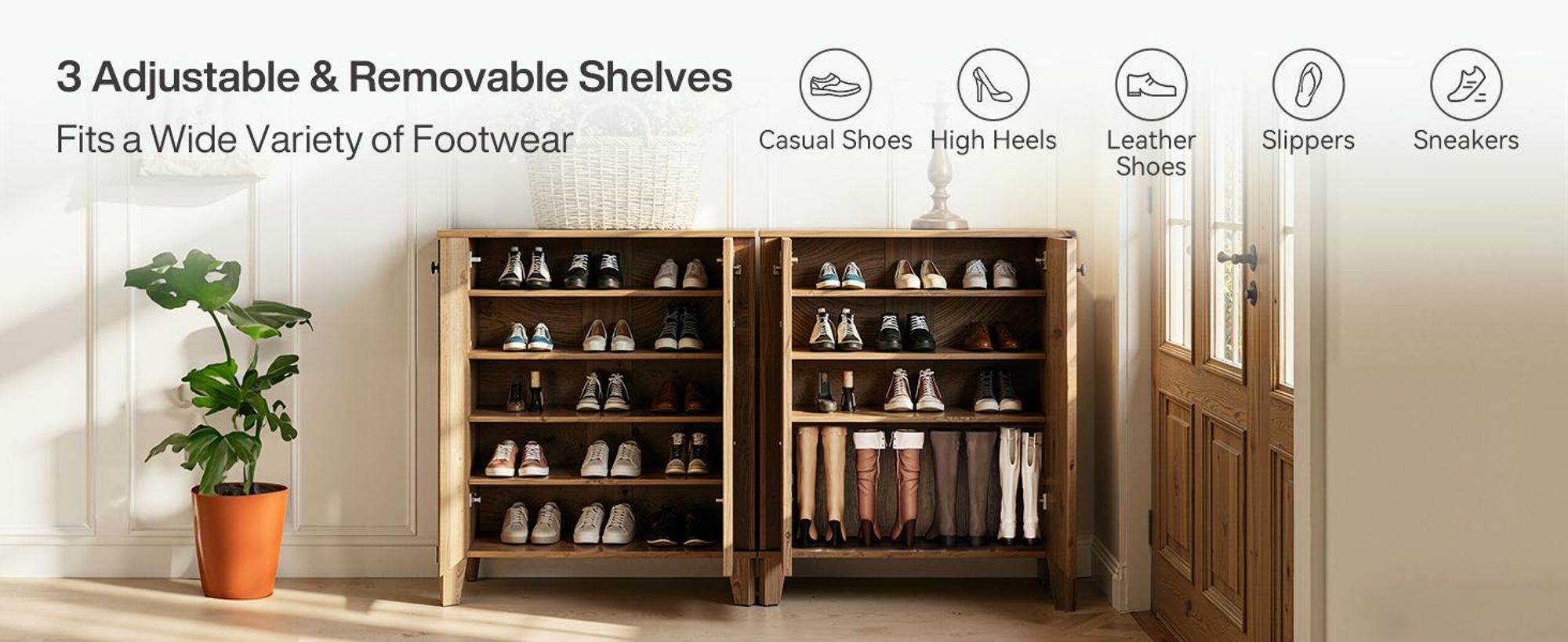 Schuhschrank mit Türen, 5-stöckig für den Eingangsbereich, im Landhausstil mit 3 verstellbaren und Einlegeböden für Eingangsbereich, rustikales Braun